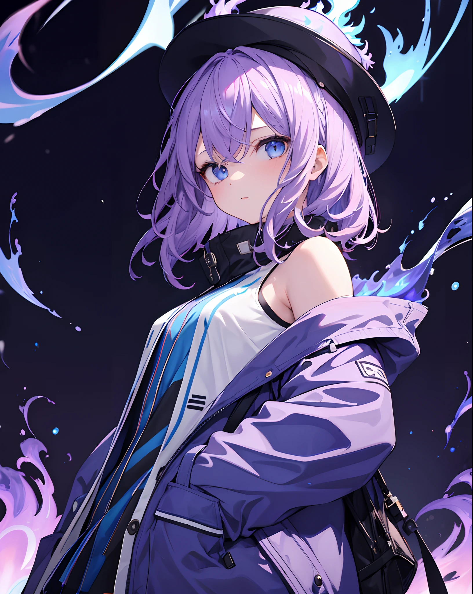​masterpiece,1girl in,独奏,Medium Hair,Light purple hair,parka,off shoulders:1.2, mob cap, Street,hands on pockets,waved hair,((Blue flame background)),blue eyess