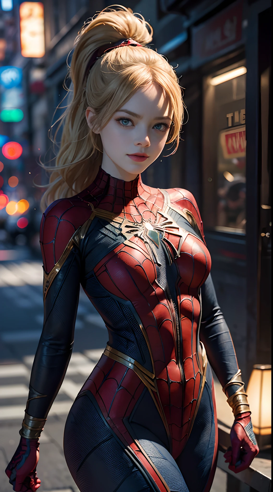 1girl, Emma Stone as spiderman (from marvel studios), look at viewer, (masterpiece, best quality, detailed skin texture, detailed cloth texture, beautiful detailed face, intricate details, ultra detailed),  Ponytail, blonde hair, holding a mask, (spiderman mask), (random angles), (Best quality, A high resolution, Photorealistic, primitive, 8K,Masterpiece, ),Best quality, Masterpiec8K.hdr. High ribs:1.2, filmgrain, Blur bokeh:1.2, Lens flare, (vivd colour:1.2), (Delicate),