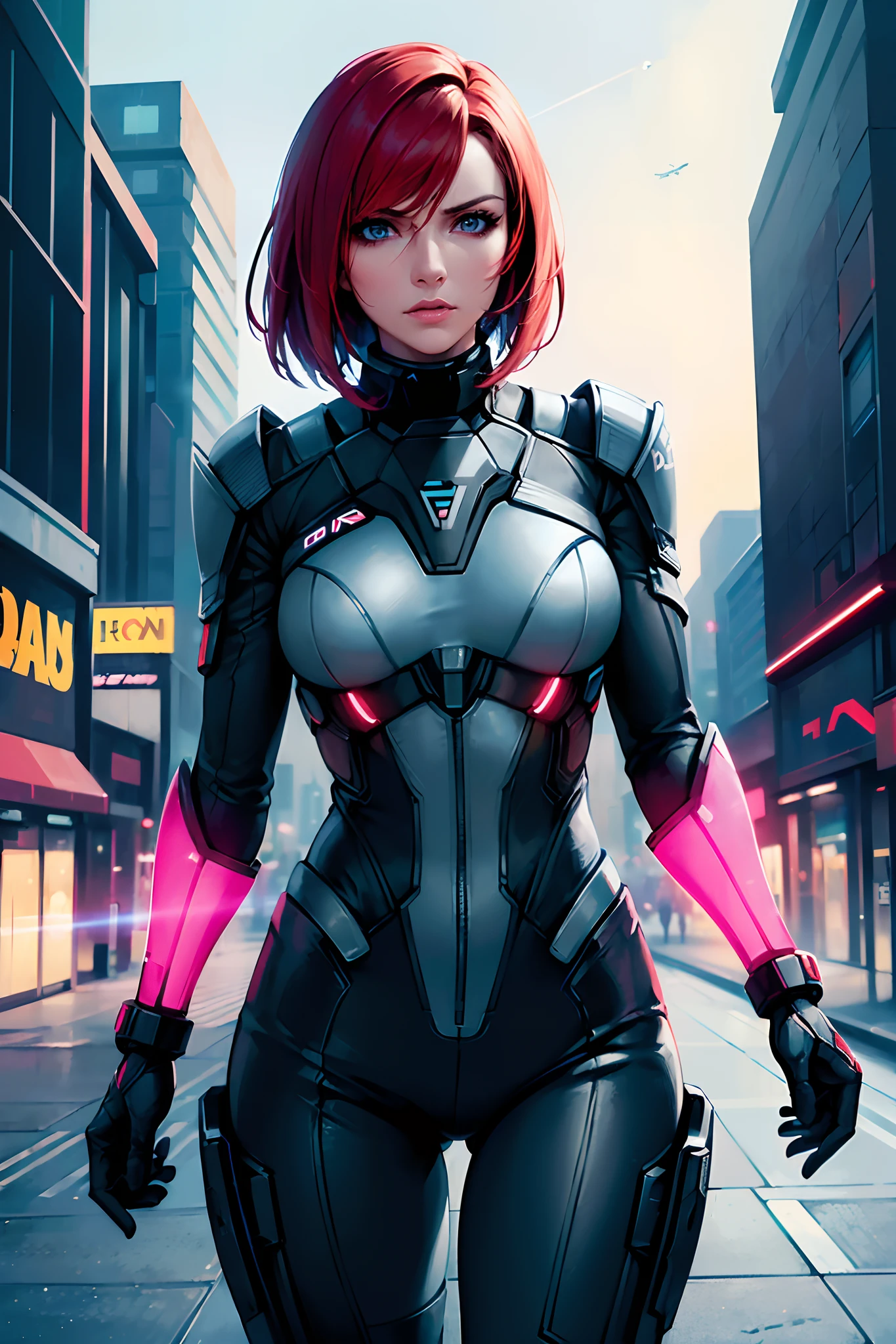 (Perfect Quality), (neon lights), a closeup of a, ((1 woman), Female Commander Shepard from Mass Effect, Redhead, athletic, beatiful face),( walks through the city), (hands on the waist), (Battle armor), ( Nebula in the background)