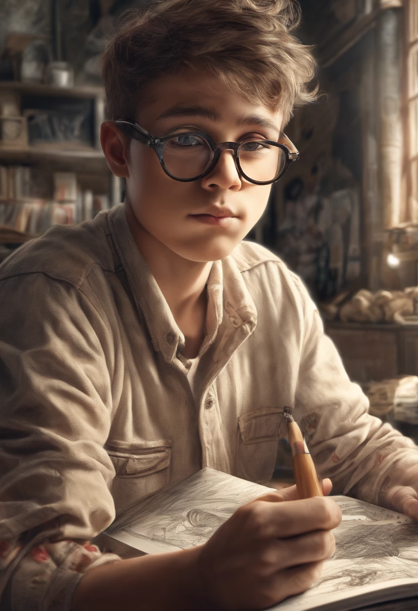 boy [tan skin, glasses] seeing his art from drawing book coming alive