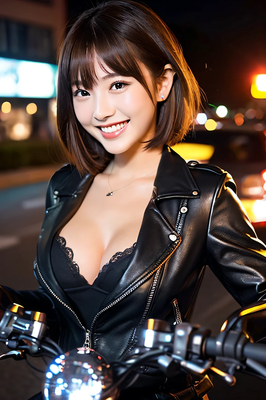 top-quality、ultra-detailliert、masterpiece、realisitic、Photo Real、one girls、((e 17 rl、small head))、(kawaii:1.2)、huge smile、(Brown hair、Short bob hair)、eyes are brown、perfect glossy skin、((A slender))、((Perfect body))、accurate depiction、face perfect、Black leather jacket、JINS、large full breasts、cleavage、Look here、nightcity、natta、Straddling a motorcycle、motor bikes、Accurate Bike、Race bikes、Blur the background