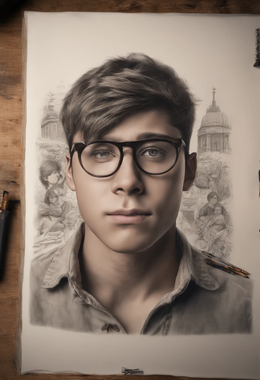 boy [tan skin, glasses] seeing his art from drawing book coming alive