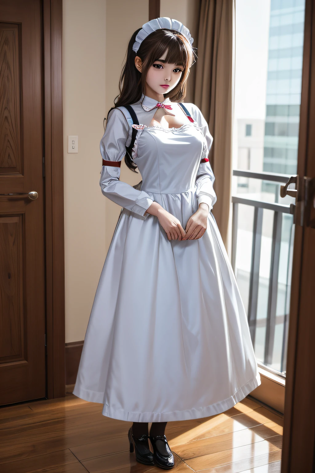 Beautiful girl robot in maid clothes　Head only human　Standing　full bodyesbian　inside in room