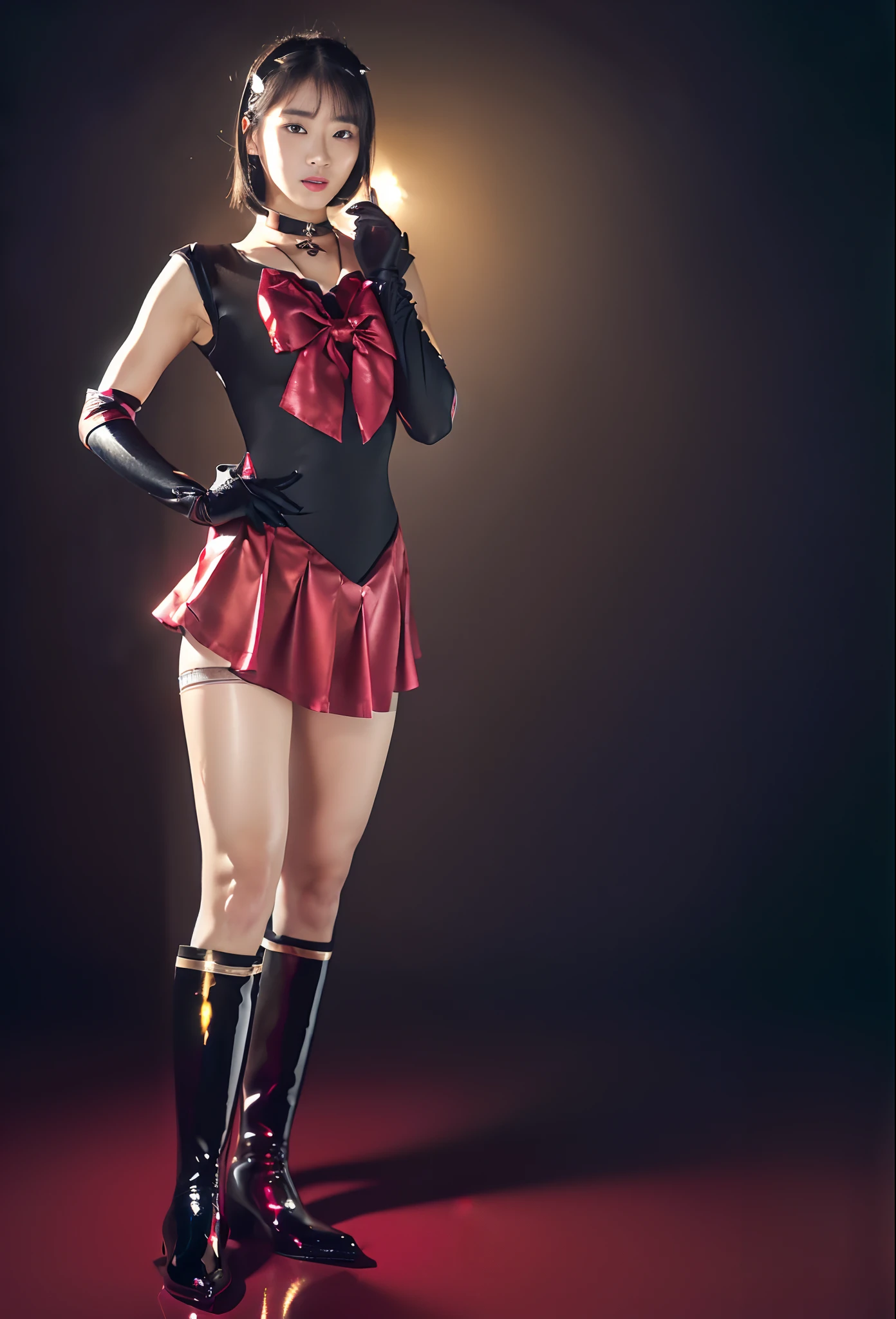 (((hang yourself)))、(((Wear black tights on your beautiful legs.)))、(((defeated)))、(((Anguished facial expressions)))、(((Eyes closed)))、(((Make the most of the original image)))、(((Bishoujo Warrior Costume)))、(((Be sure to wear a Sarah Moon costume)))、(((shiny short hair)))、(((Suffering)))、(((Feet must necessarily be worn with black tights)))、(((You need to wear red boots)))、((Top image quality、8K))、((top-quality、8K、masterpiece:1.3))、(((Keep your background simple)))、Crisp focus:1.2、Beautiful woman with perfect body shape:1.4、Slender Abs:1.2、a wet body:1.5、Highly detailed facial and skin texture、