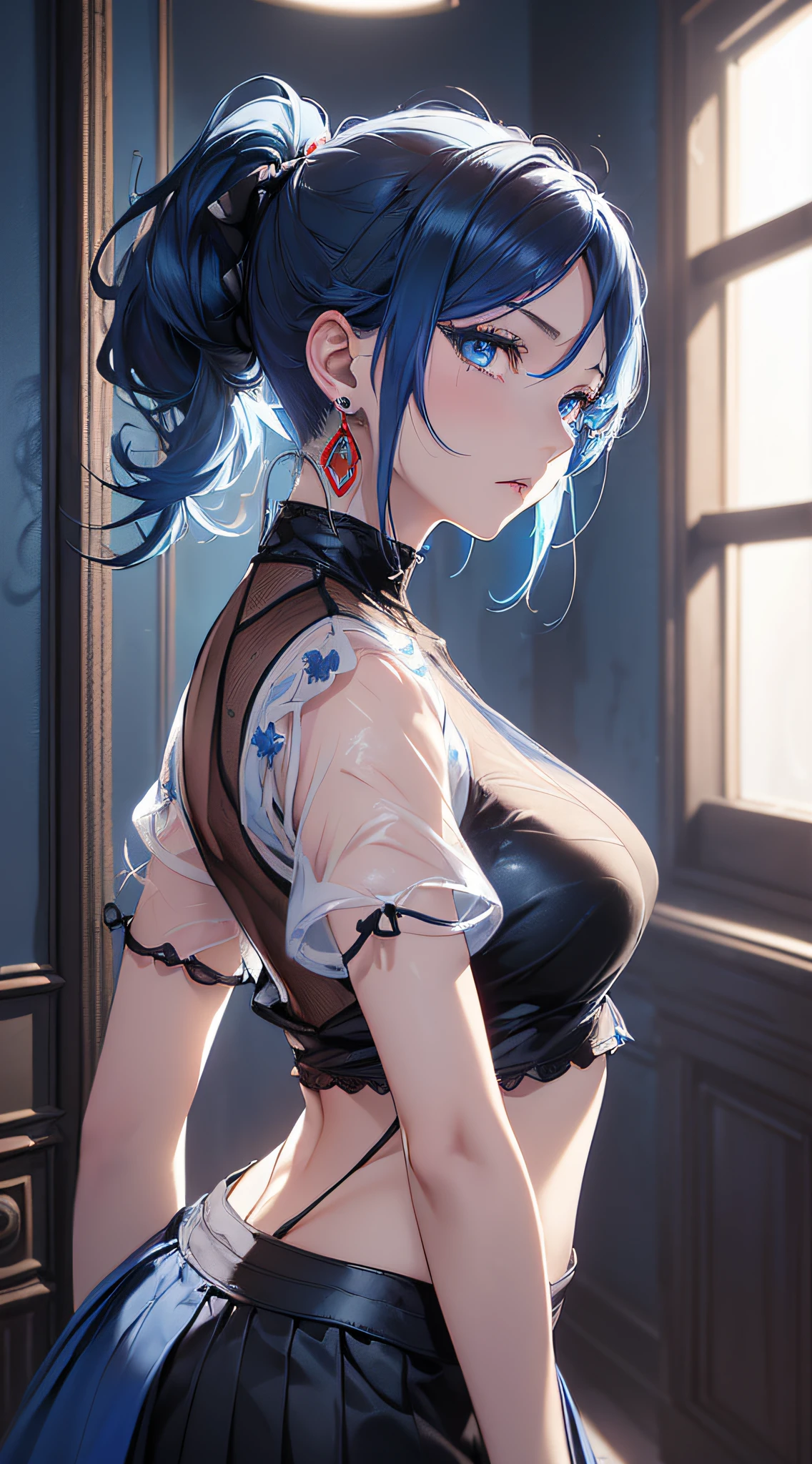top-quality、Top image quality、masterpiece、girl with((18year old、Best Bust、Medium bust、Bust 85,Beautiful blue eyes、Breasts wide open,Black Short Sleeve T-Shirt、White see-through、Black short skirt、Ponytail with black hair、Face of fear、Beautiful blue earrings、A slender、Height 175cm,Leaning forward、Blue hair mesh、Gesture of asking for help))hiquality、Beautiful Art、Background with((Red and blue lighting、Scary haunted house、House of Fear、haunted)),masutepiece、Elaborate design、visualart、depth of fields、The best lighting、highestdetailed、8k