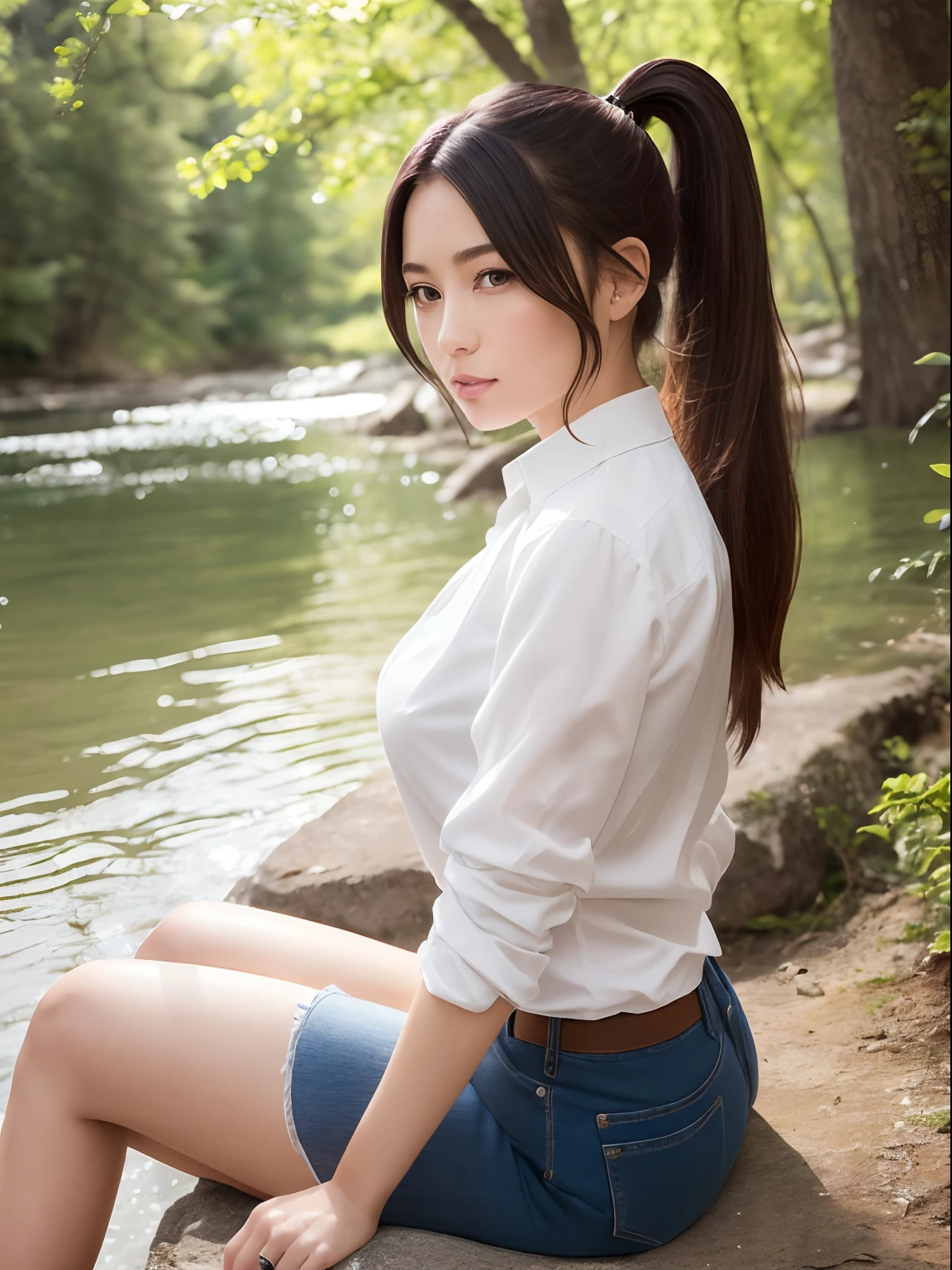 ((Top Quality, 8K, Masterpiece: 1.3, RAW photo)), sharp-focus: 1.2, (1 Aespa Girl: 1.2), (Realistic, Photorealistic: 1.37), (facial focus: 1.1), cute face, fondness, small breasts, Flat Breast, Short Messy Hair, or ponytail, (white  shirt: 1.2), Beautiful woman sitting by the river in the forest, Sunlight, movie lighting --auto