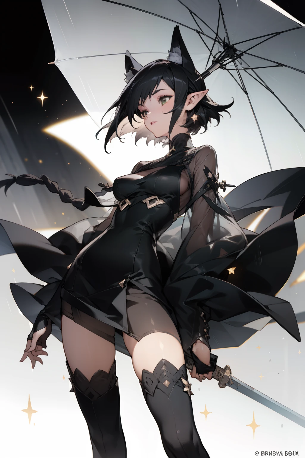 pointy ears,Black color hair,short detailed hair,one-girl,Bigboobs,fox ear,Two legs,Over-the-knee stockings,(middle parted hairstyle),Sideburns have long hair,Star decoration,The sword,Long sword,Has long braids,see-through raincoat