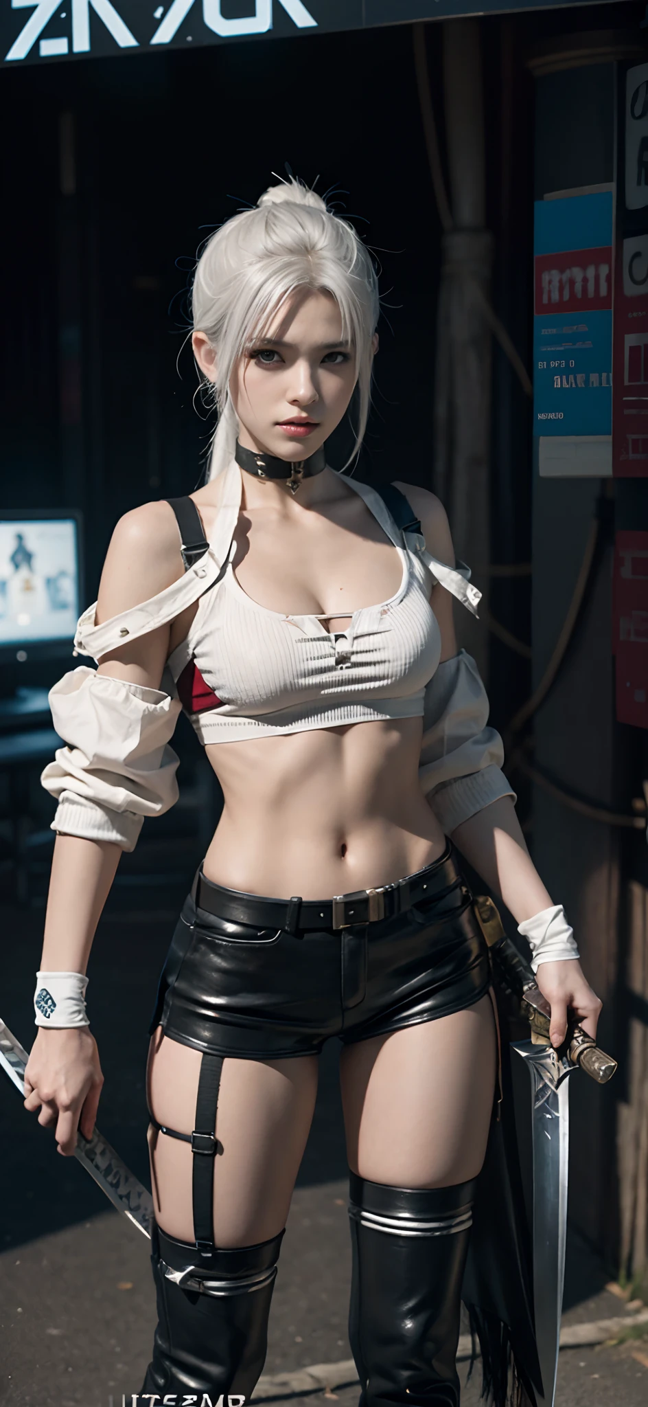 a close up of a person in a costume with a sword, as a character in tekken, female character, tifa lockhart with white hair, katana zero video game character, lunar themed attire, kda, slim body, cyborg - girl with silver hair, upper body avatar, (( medium breast;1.2)), fashion gameplay screenshot, fighting game character, new character, floralpunk elysian maiden, sigma female
