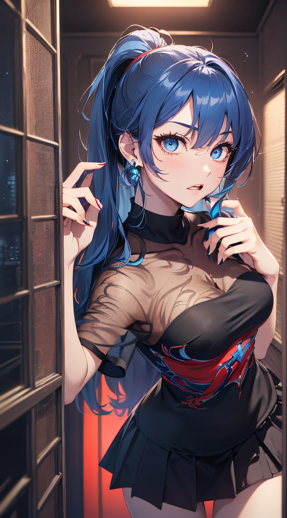 top-quality、Top image quality、​masterpiece、girl with((18year old、Best Bust、Medium bust、Bust 85,Beautiful blue eyes、Breasts wide open,Black Short Sleeve T-Shirt、White see-through、Black short skirt、Ponytail with black hair、Face of fear、Beautiful blue earrings、A slender、Height 175cm,Leaning forward、Blue hair mesh、Gesture of asking for help)）hiquality、Beautiful Art、Background with((Red and blue lighting、Scary haunted house、House of Fear、haunted)),masutepiece、Elaborate design、visualart、depth of fields、The best lighting、highestdetailed、8ｋ