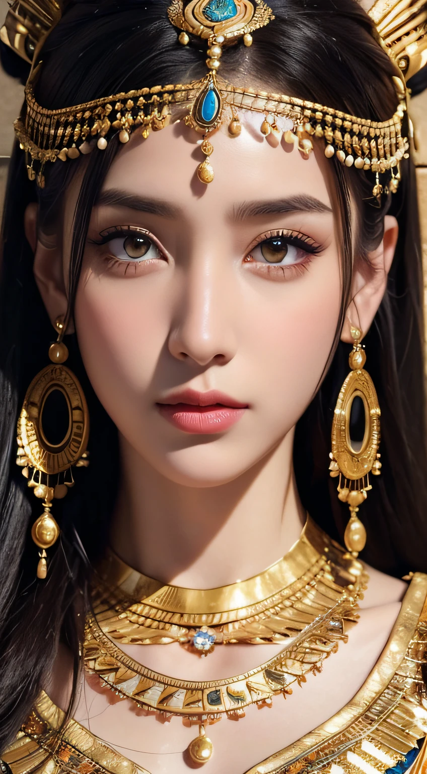 ((Best Quality, 8K, masutepiece)), RAWphoto, Photorealistic portrait of Cleopatra, hali々Egyptian attire, Cinematic, detaileds, visually stunning, Natural appearance、masterpiece, top-quality, hightquality, hight resolution