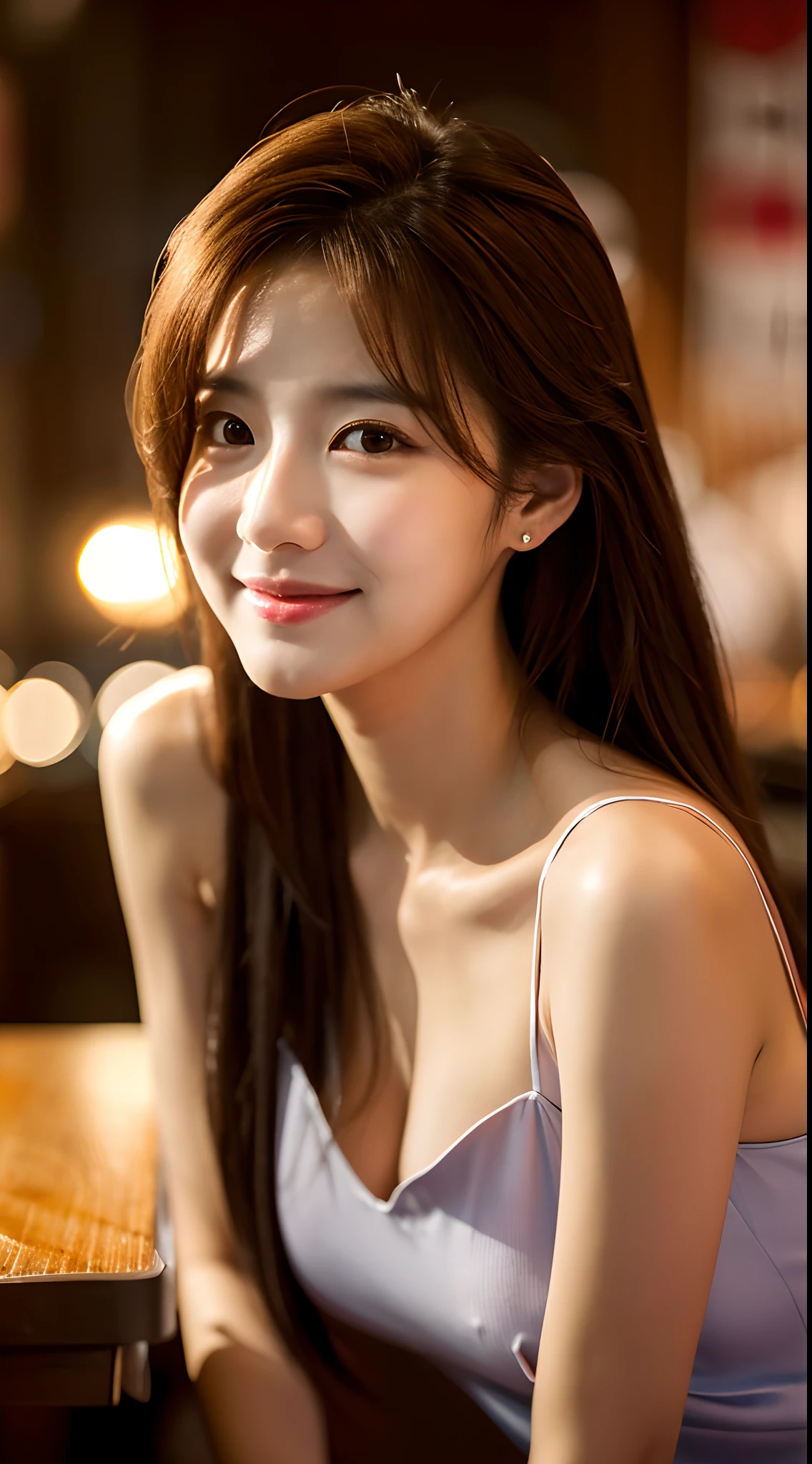 Realistic photos of (1 cute Korean star) hair behind ear, thin makeup, slightly smile, 32 inch breasts size,wearing long dress, in the restaurant, close-up portrait, cinematic lighting, UHD