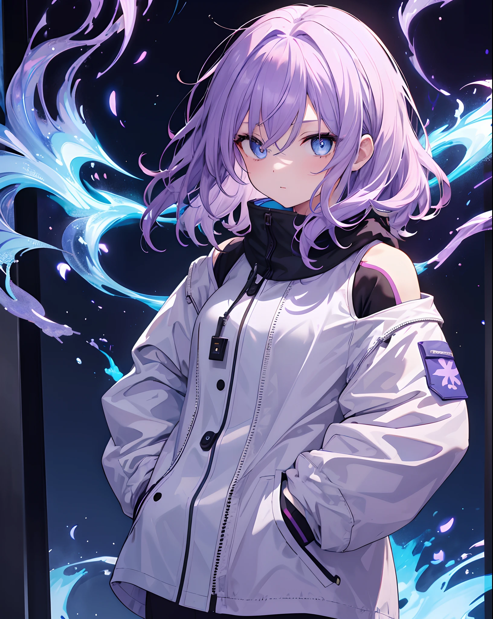 masterpiece,1girl in,独奏,Medium Hair,Light purple hair,parka,off shoulders:1.2,, Street,hands on pockets,waved hair,((Blue flame background)),blue eyess, have fire in your eyes