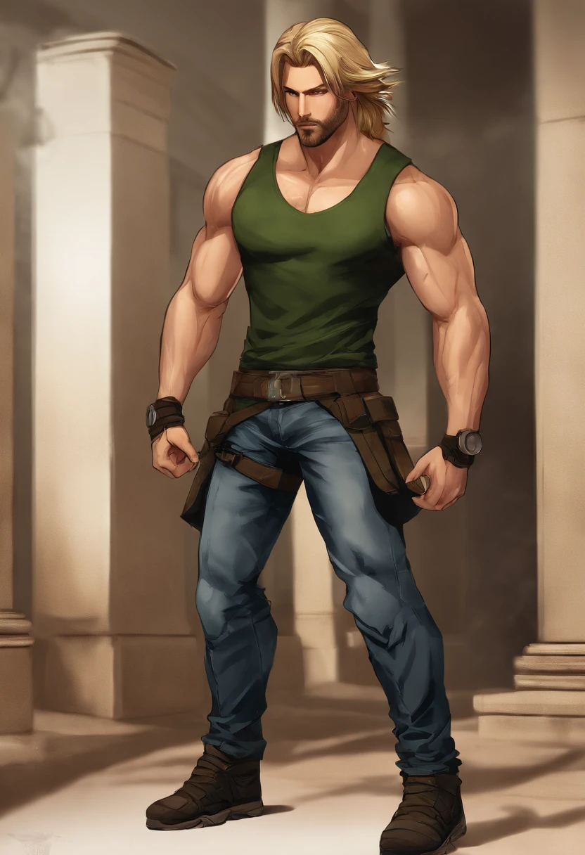 character ANIME man, full bodyesbian, standing, Strong, Long blonde hair, ((Design sketches)), (Masterpiece), Extremely detailed, (original design reserved), (randome pose), leader, (Unique accessories), (Clothing, green tank top, Jeans), (Bearded face) professionally retouched, White background, (Male: 1.1) Martial arts, parkour (Kausa jeans R: 0.8), (Dirty: 1.1), (sport: 0.8), (Young: 1.3), (sprint: 0.6) (silent hill concept) (resident evil concept)