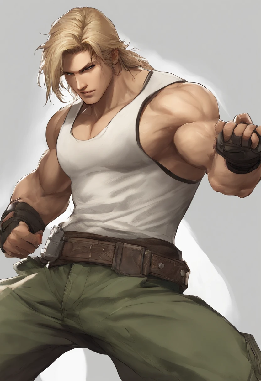 character ANIME man, full bodyesbian, standing, Strong, Long blonde hair, ((Design sketches)), (Masterpiece), Extremely detailed, (original design reserved), (randome pose), leader, (Unique accessories), (Clothing, green tank top, Jeans), (Bearded face) professionally retouched, White background, (Male: 1.1) Martial arts, parkour (Kausa jeans R: 0.8), (Dirty: 1.1), (sport: 0.8), (Young: 1.3), (sprint: 0.6) (silent hill concept) (resident evil concept)