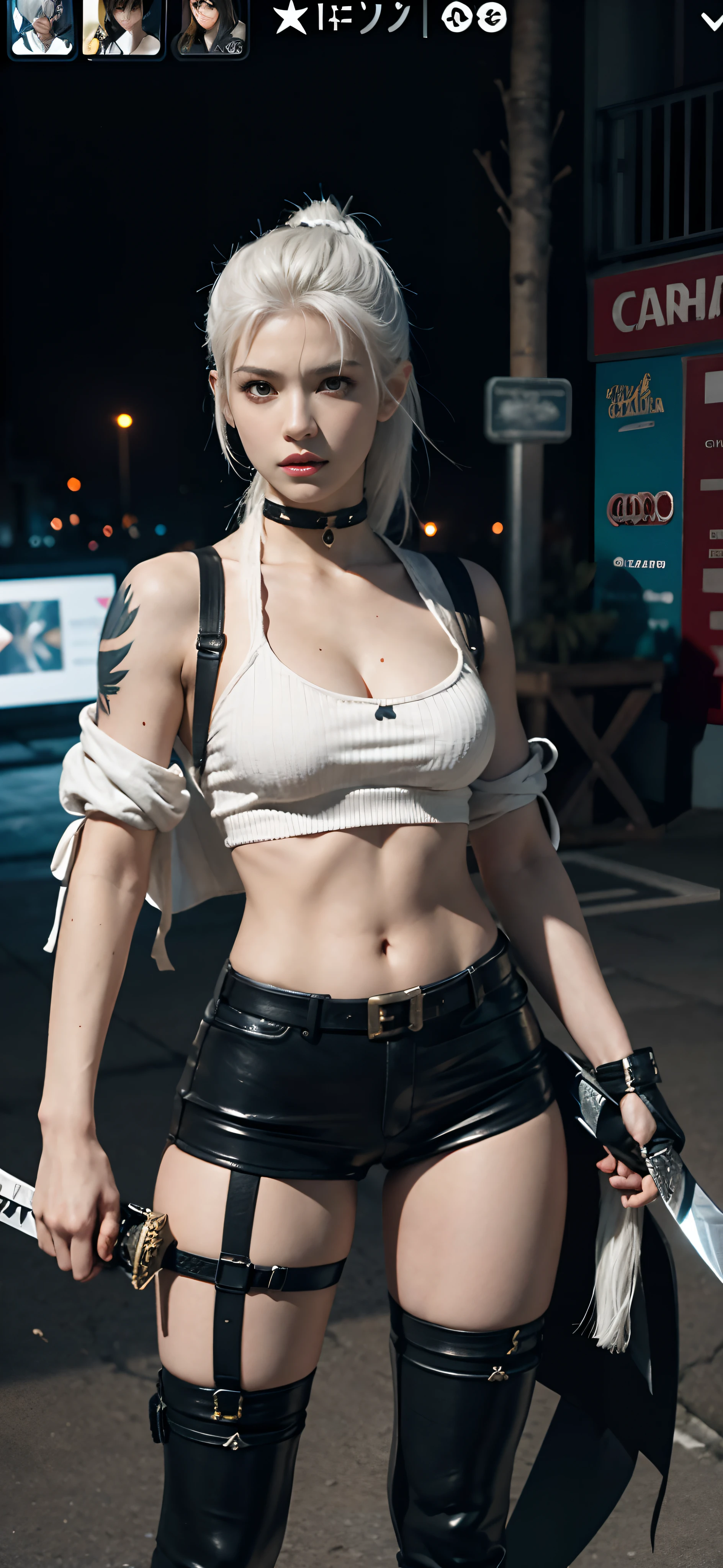 a close up of a person in a costume with a sword, as a character in tekken, female character, tifa lockhart with white hair, katana zero video game character, lunar themed attire, kda, slim body, cyborg - girl with silver hair, upper body avatar, fashion gameplay screenshot, fighting game character, new character, floralpunk elysian maiden, sigma female