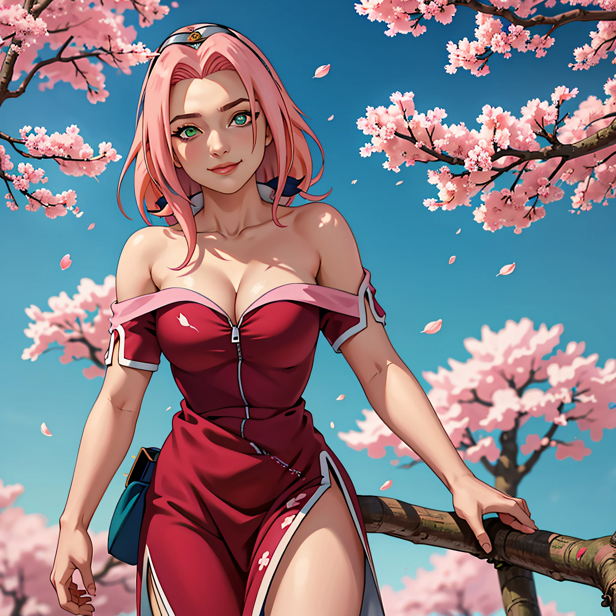 tmasterpiece， Best quality at best， 1girll， Sakura Haruno， Large breasts，Off-the-shoulder attire，（cleavage)，（upperbody closeup)，Raised sexy，is shy，ssmile，with pink hair， long whitr hair， （Green eyeballs:1.4)， Forehead protection， the cherry trees，Cherry blossoms flying，Red clothes，Zipper half