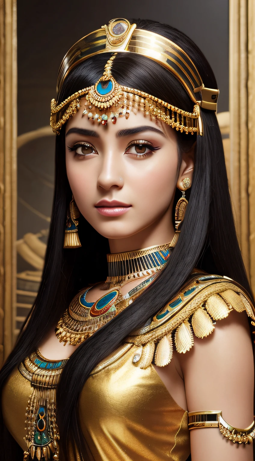 ((Best Quality, 8K, masutepiece)), RAWphoto, Photorealistic portrait of Cleopatra, hali々Egyptian attire, Cinematic, detaileds, visually stunning, Natural appearance、masterpiece, top-quality, hightquality, hight resolution