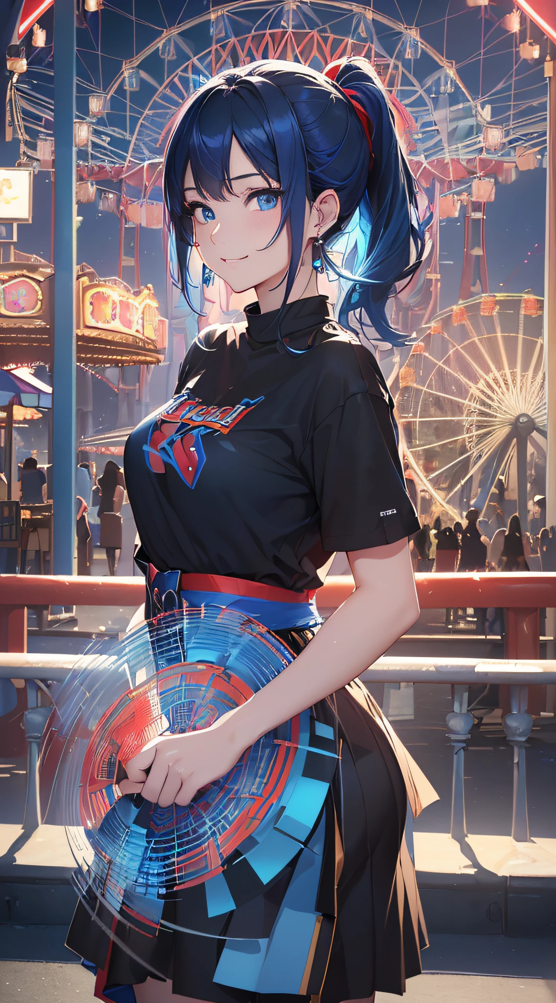 top-quality、Top image quality、masterpiece、girl with((18year old、Best Bust、Medium bust、Bust 85,Beautiful blue eyes、Breasts wide open,Black Short Sleeve T-Shirt、White see-through、Black short skirt、Ponytail with black hair、Smile face、Beautiful blue earrings、emphasis on the buttocks、A slender、Height 175cm,posterior view、Leaning forward、Blue hair mesh))hiquality、Beautiful Art、Background with((Red and blue lighting、Night amusement park、In front of the Ferris wheel)),masutepiece、Elaborate design、visualart、depth of fields、The best lighting、highestdetailed、8k