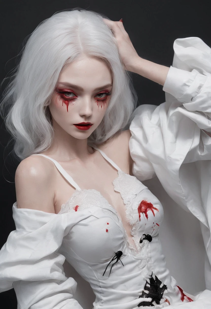 Halloween:1.3,Carrying a black wolf,Under the red moonlight,Big Red Moon,White hair:1.3,(masterpiece、top-quality、top-quality、Beautifully Aesthetic:1.2)、(((Dark Halloween Mon Beauty)))、Cool pose、ighly detailed、colourfull、highestdetailed, Anatomically correct, nffsw, high details, Textured skin, 8K,perfect hand,perfect arms,Bloody tears
