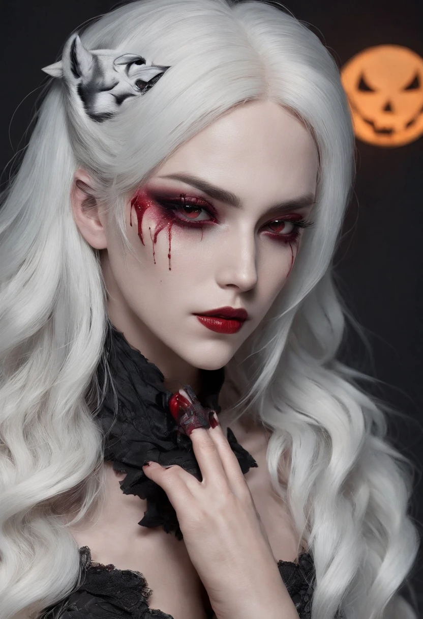 Halloween：1.3，Carrying a black wolf，Under the red moonlight，Big Red Moon，White hair：1.3，(​masterpiece、top-quality、top-quality、Beautifully Aesthetic:1.2)、(((Dark Halloween Mon Beauty)))、Cool pose、ighly detailed、colourfull、highestdetailed, Anatomically correct, nffsw, high details, Textured skin, 8K，perfect hand，perfect arms，Bloody tears