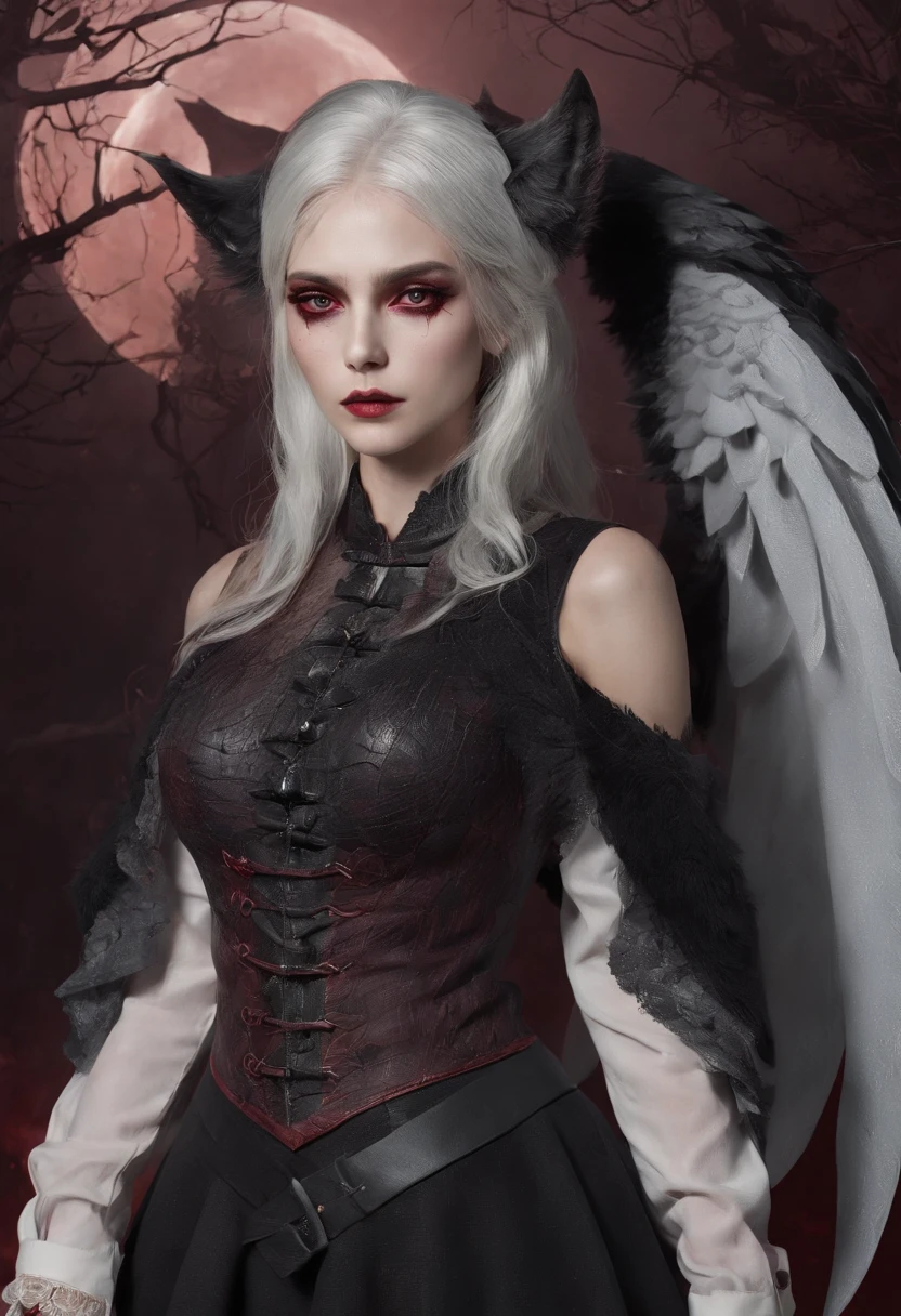 Halloween:1.3,Carrying a black wolf,Under the red moonlight,Big Red Moon,White hair:1.3,(masterpiece、top-quality、top-quality、Beautifully Aesthetic:1.2)、(((Dark Halloween Mon Beauty)))、Cool pose、ighly detailed、colourfull、highestdetailed, Anatomically correct, nffsw, high details, Textured skin, 8K,perfect hand,perfect arms,Bloody tears