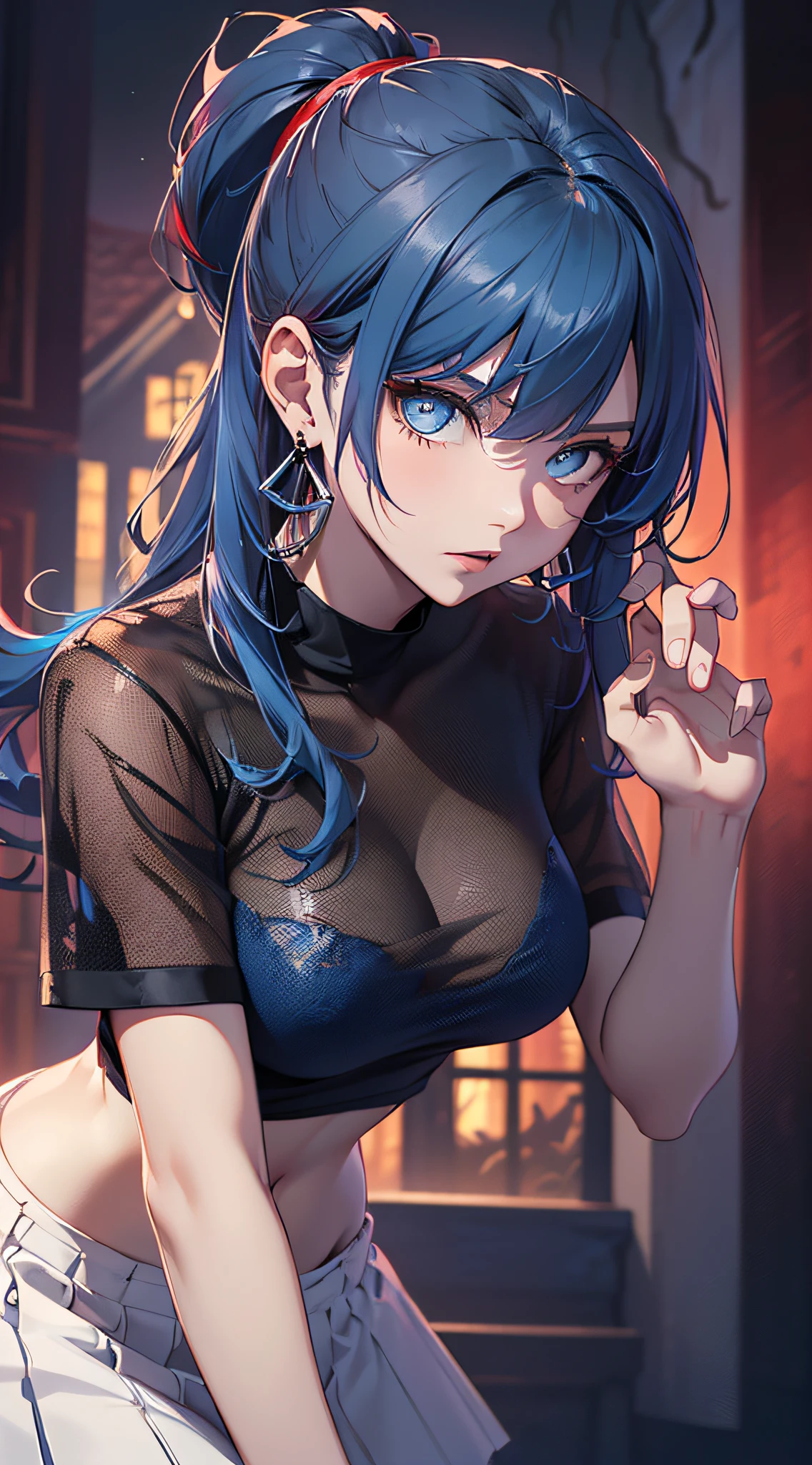top-quality、Top image quality、masterpiece、girl with((18year old、Best Bust、Medium bust、Bust 85,Beautiful blue eyes、Breasts wide open,Black Short Sleeve T-Shirt、White see-through、Black short skirt、Ponytail with black hair、Face of fear、Beautiful blue earrings、A slender、Height 175cm,Leaning forward、Blue hair mesh、Gestures for help))hiquality、Beautiful Art、Background with((Red and blue lighting、Scary haunted house、House of Fear、haunted)),masutepiece、Elaborate design、visualart、depth of fields、The best lighting、highestdetailed、8k