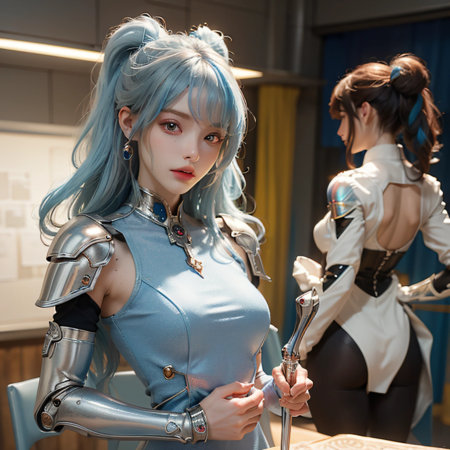 masterpiece、hightquality、。.。.。.。.。.。.3D、8K CG、intricate detailes、细致背景、Sacred。ornament detached, Dylan Kowalski, , ((2girls)), The upper part of the body, musculature, Skindentation, looking to side, Light blue hair、length hair, Mechanical arm, synthetic skin, porcelain, pearls, Holographic, Titanium, Diamonds, ruby, sapphires, Pedras preciosas, Clockwork, grunge, worn edges, s Armor, Beautiful breasts、Twin-tailed hairstyle、