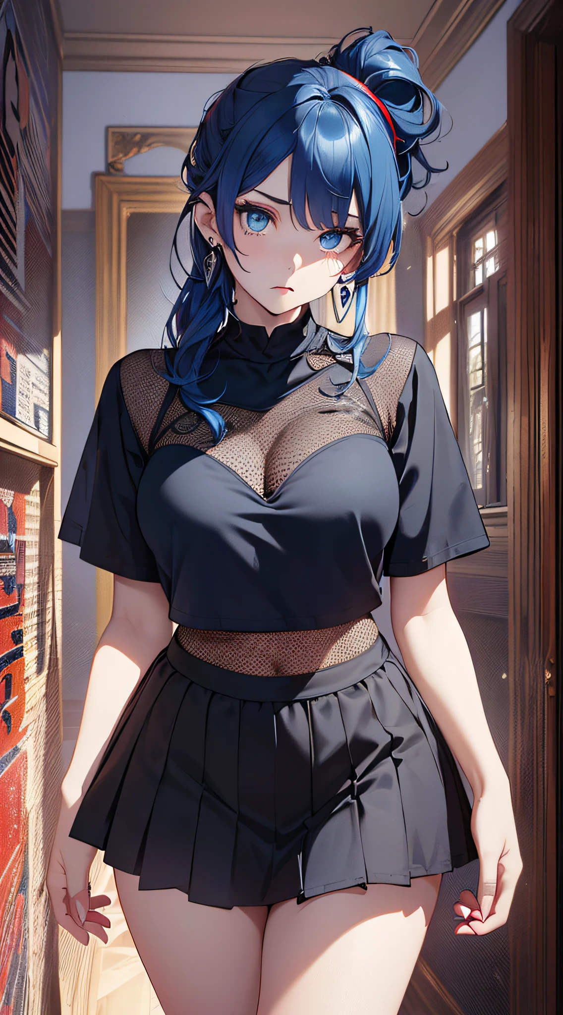 top-quality、Top image quality、masterpiece、girl with((18year old、Best Bust、Medium bust、Bust 85,Beautiful blue eyes、Breasts wide open,Black Short Sleeve T-Shirt、White see-through、Black short skirt、Ponytail with black hair、Face of fear、Beautiful blue earrings、A slender、Height 175cm,Leaning forward、Blue hair mesh、Gestures for help))hiquality、Beautiful Art、Background with((Red and blue lighting、Scary haunted house、House of Fear、haunted)),masutepiece、Elaborate design、visualart、depth of fields、The best lighting、highestdetailed、8k