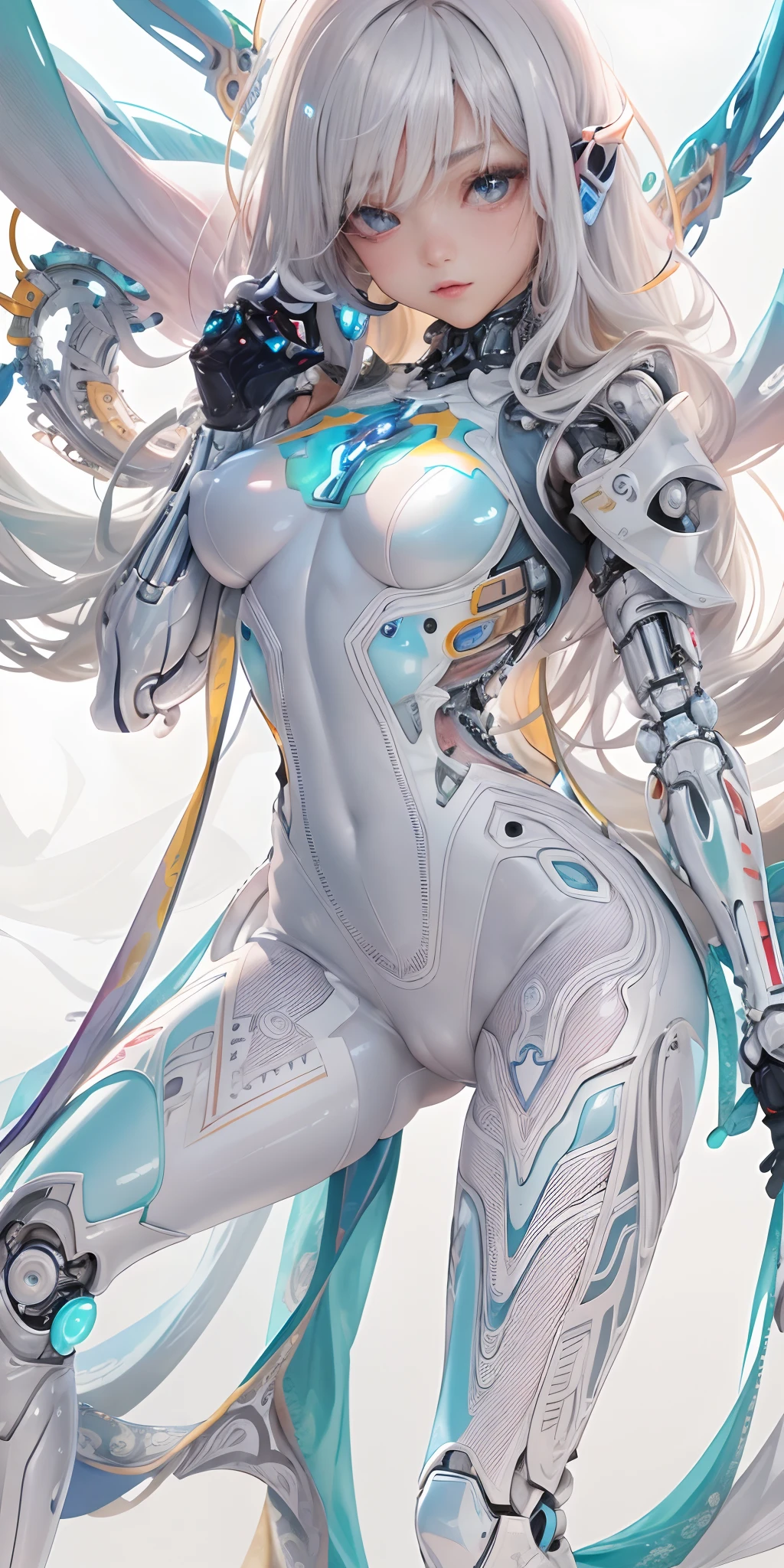 Super beautiful eyes、(top-quality:1.6)、(tmasterpiece:1.4)、intricately details、(Cute and gorgeous 20 year old Korean girl:1.3)、(1girll:1.3)、(Detailed sky:1.2)、(wearing white latex bodysuit:1.3)、angelicales、agilawood、(cybernetic halo:1.3)、(Small head:1.4)、(Large full breasts:1.2)、Detailed eye details pupil multiple eyes、panoramicshooting,Long-range shooting,fully body photo