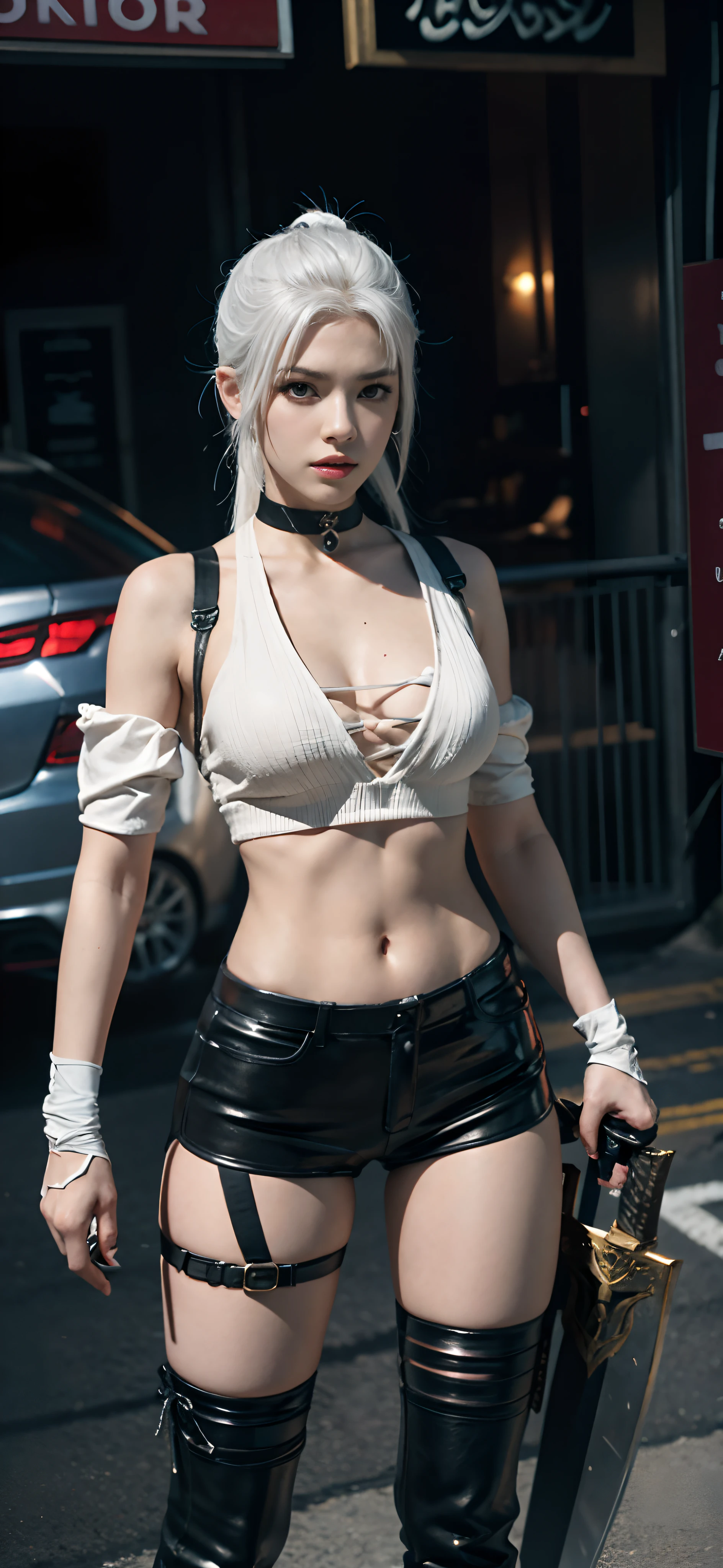 a close up of a person in a costume with a sword, as a character in tekken, female character, tifa lockhart with white hair, katana zero video game character, lunar themed attire, kda, slim body, cyborg - girl with silver hair, upper body avatar, fashion gameplay screenshot, fighting game character, new character, floralpunk elysian maiden, sigma female