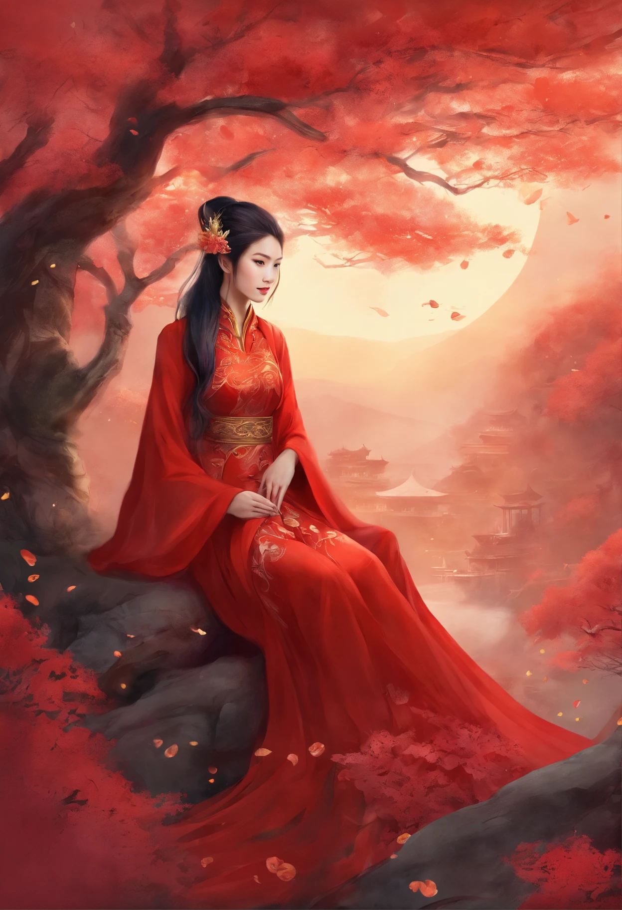 **Chinese fairy in a red wedding dress, red tulle cloak, Golden Phoenix, the nine tailed fox spirit, 9. The tail is unfolded at the back，Form a smoke ring in the air , peach blossom，Cloud，High quality， symetrical composition , high resolution ,