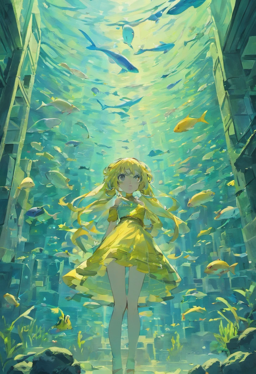 A very large aquarium,It is full of all kinds of fish,All behind glass,extremely colorful,There is a long corridor outside the glass,dimly lit,closeup cleavage,in a panoramic view,and the same environment,Pure scene,There are no characters