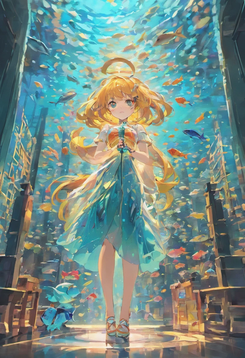 A very large aquarium，It is full of all kinds of fish，All behind glass，extremely colorful，There is a long corridor outside the glass，dimly lit，closeup cleavage，in a panoramic view，and the same environment，Pure scene，There are no characters