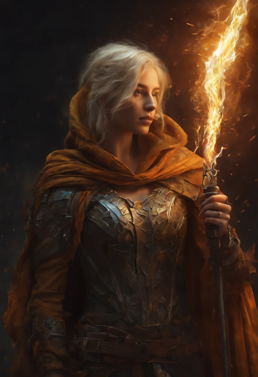 masterpiece, Rogue assassin girl, wearing a hood, blonde hair, shrouded in shadows, holding a flaming dagger in each hand, vibrant glowing abyssal colors, entirely in frame, FULL BODY, radiating electrical energy, shoulder length messy hair, Full body, Beautiful anime waifu style girl, hyperdetailed painting, luminism, art by Carne Griffiths and Wadim Kashin concept art, 8k resolution, fractal isometrics details bioluminescence , 3d render, octane render, intricately detailed , cinematic, trending on art station Isometric Centered hyper realistic cover photo awesome full color, hand drawn , gritty, realistic, intricate, hit definition , cinematic, Rough sketch, bold lines, on paper, vibrant, epic, ultra high quality model