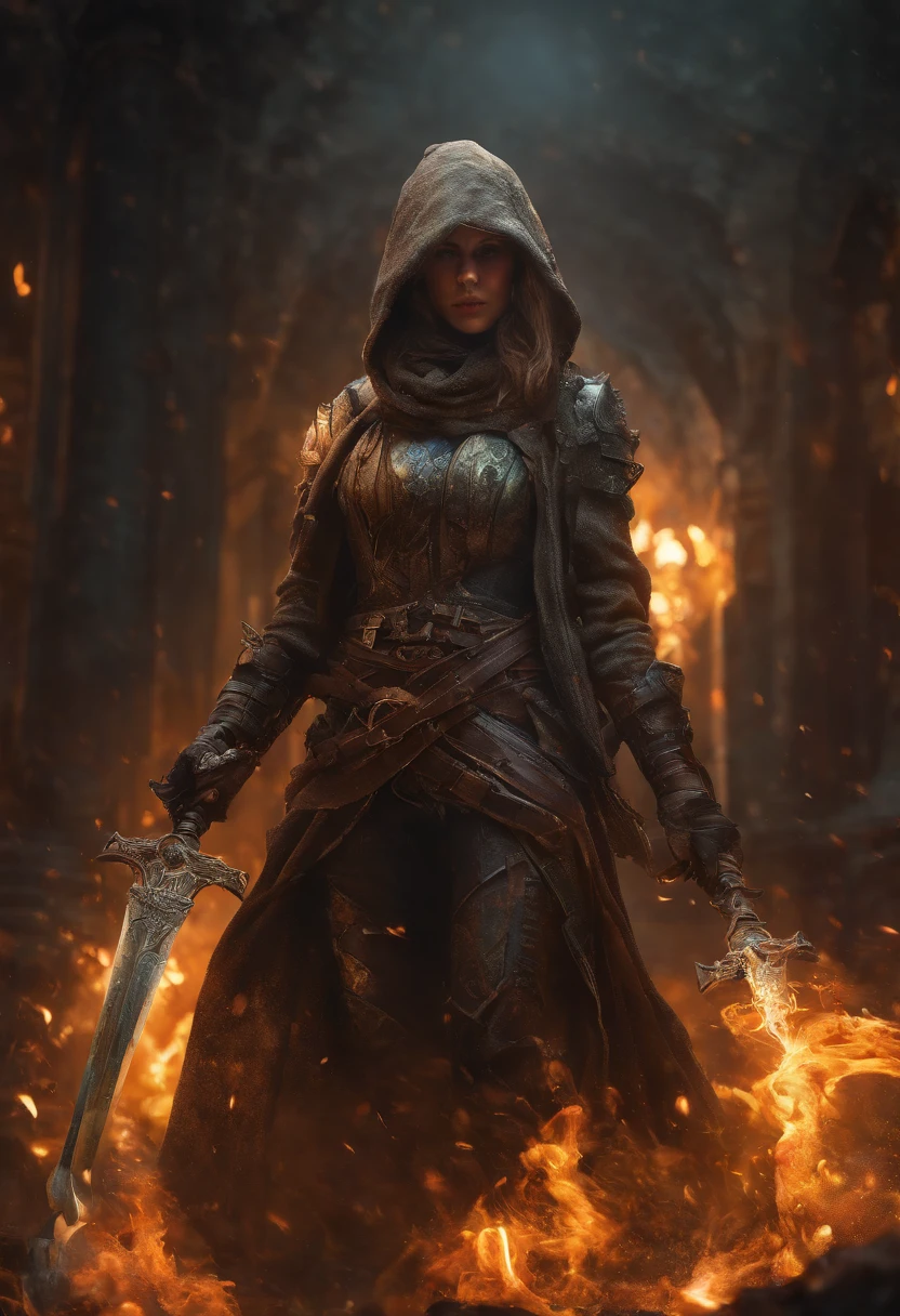 arafed woman in a black outfit with a hood, wojtek fus, warrior outfit, beautiful female assassin, flowing robes and leather armor, beautiful female warrior, fantasy leather clothing, female assassin, alena aenami and artgerm, female warrior, fantasy style clothing, by Han Gan, fantasy clothing