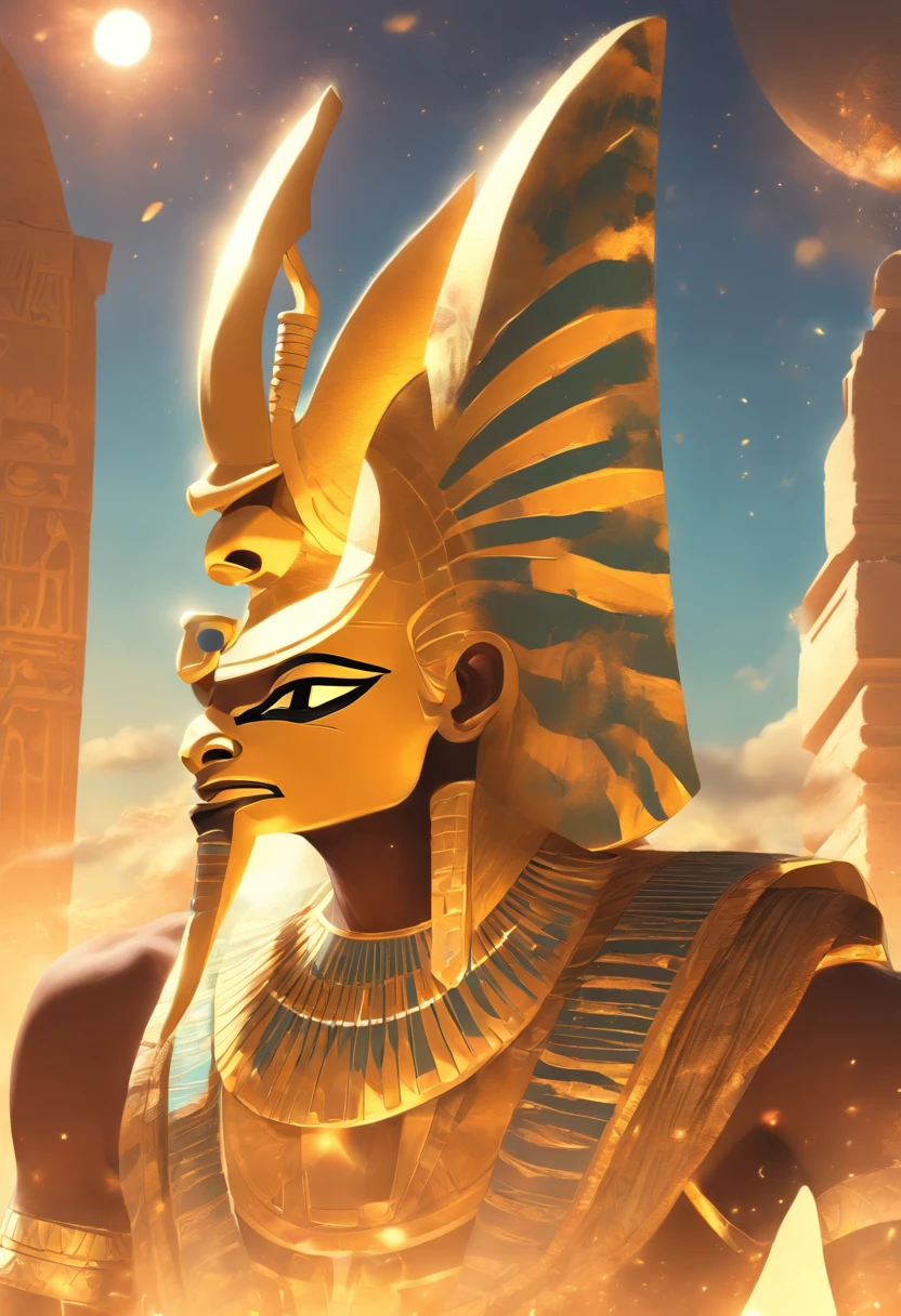 (((Osiris))) best quality, very high resolution, 4K detailed CG, masterpiece, Egyptian mythology, Osiris, pharaoh's crown, Egyptian temple,Ancient Egypt,sunlight, Egyptian clothes, desert, blue sky, ((standing pose)), aesthetic, Beautiful image, centered on the screen