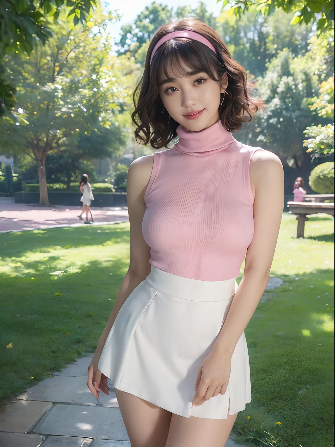 ((((top-quality))))、(((Ultra Precision CG16K Wallpapers)))、(((​masterpiece)))、(((ultra-detailliert)))、(((Ultra-extreme details)))、One woman、a matural female、a 25yo woman、((Japanese face))、((extremely beautiful face))、((sasaki nozomi:1.8))、((Semi-long cut、curly hair:1.2))、(shinny hair)、Bangs up to the eyebrows、Beautiful brown hair、Beautiful delicate eyes、Brown eyes、lofty nose、small nostrils、seductive lips、slightly open mouth、Beautiful breasts、C-cup size breasts、cleavage of the breast、Plump body、perfectly proportions、perfect anatomia、Beautiful and detailed shading、Beautiful natural lighting、Beautiful detail glow、depth of fields、(((a high chroma)))、((realisitic:1.9))、((Vivid：1.4))、((Beautiful skin))、((Skin texture))、((Realistic skin feeling))、perfect-composition、((cowboy  shot))、((Angle of view from the front))、((a smile:1.2))、(Eyes looking at me)、Bright sunshine、((Walking in the flower garden:1.2))、(Blur the background)、((Pink Summer Knit Tight Shirt、shortpants:1.5))、(a necklace)、