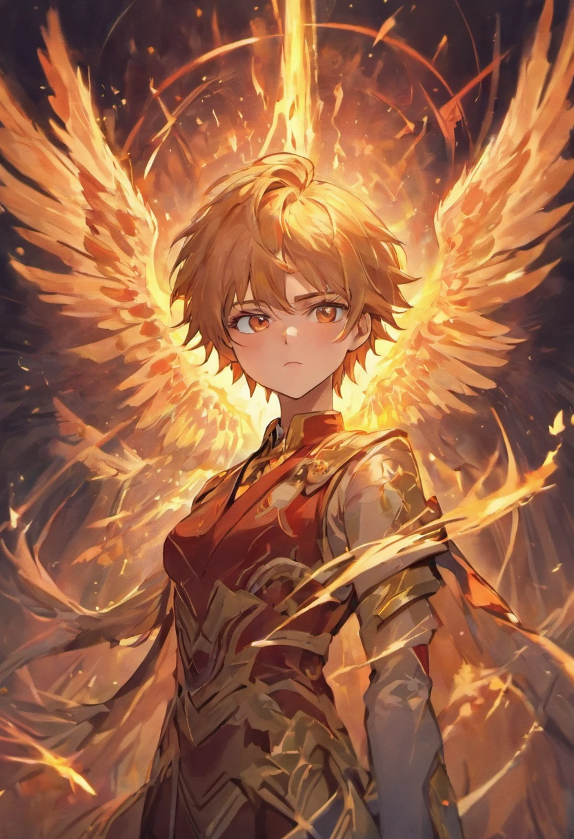 (Sacred Birds),(Fire Phoenix),(The fire depicted the corpse of a phoenix),The phoenix flaps its wings,(Glowing with golden light),Solo,nigth,Multiple silhouettes,First-person elevation angle,Super detailing,best qualtiy,tmasterpiece,(8K),Extremely detailed,Epic Artwork, Muscular tall man, suits, Tie, Put your hands in your pockets,, Middle-aged man, Old, Muscular, Looking straight ahead, Sharp jawline, broad shoulder, handsome face, short-hair