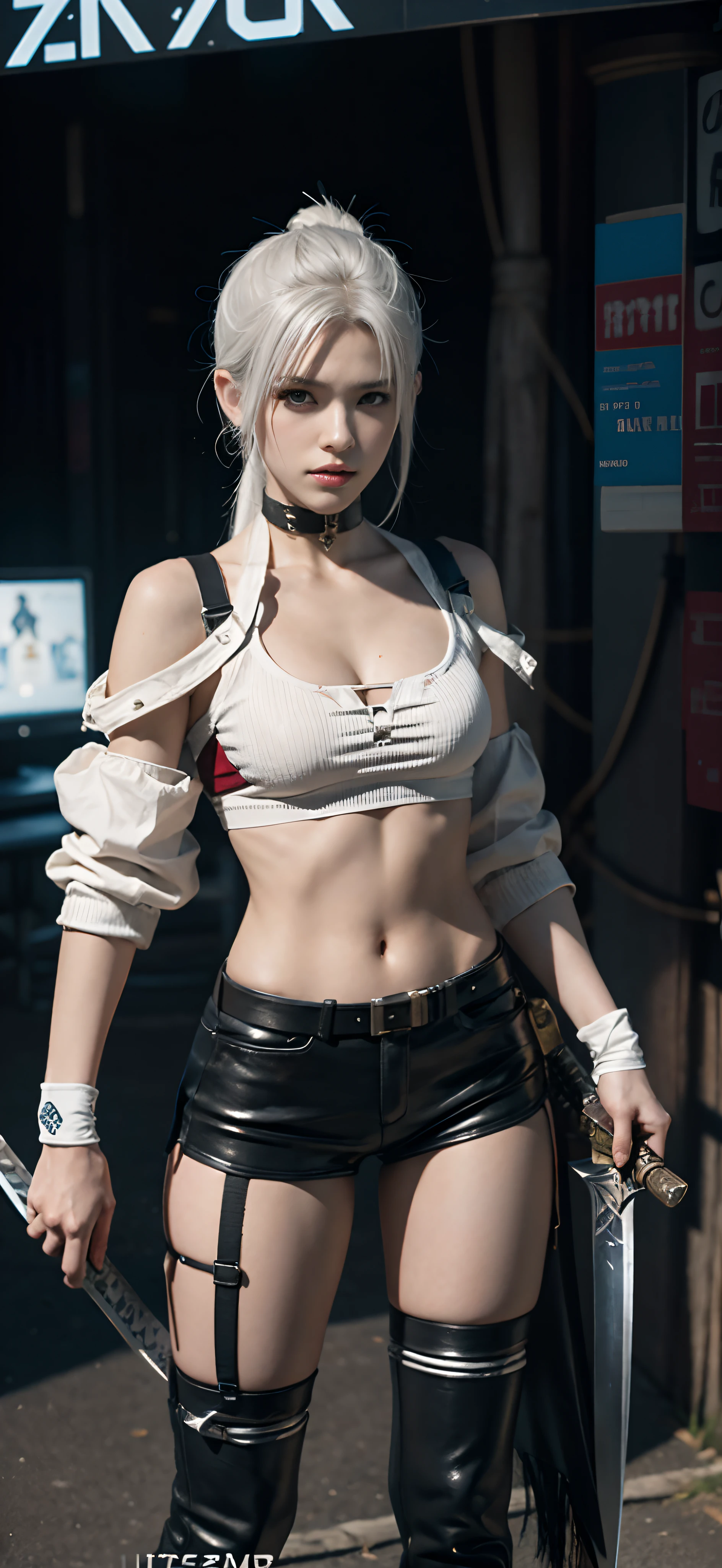 Zoro from one piece in white hair ,blue eyes and a cool hairstyle with an earring on the left side of the head and right eye with a scar and in a futuristic black outfit from cyberpunk and 3 katanas on his waist