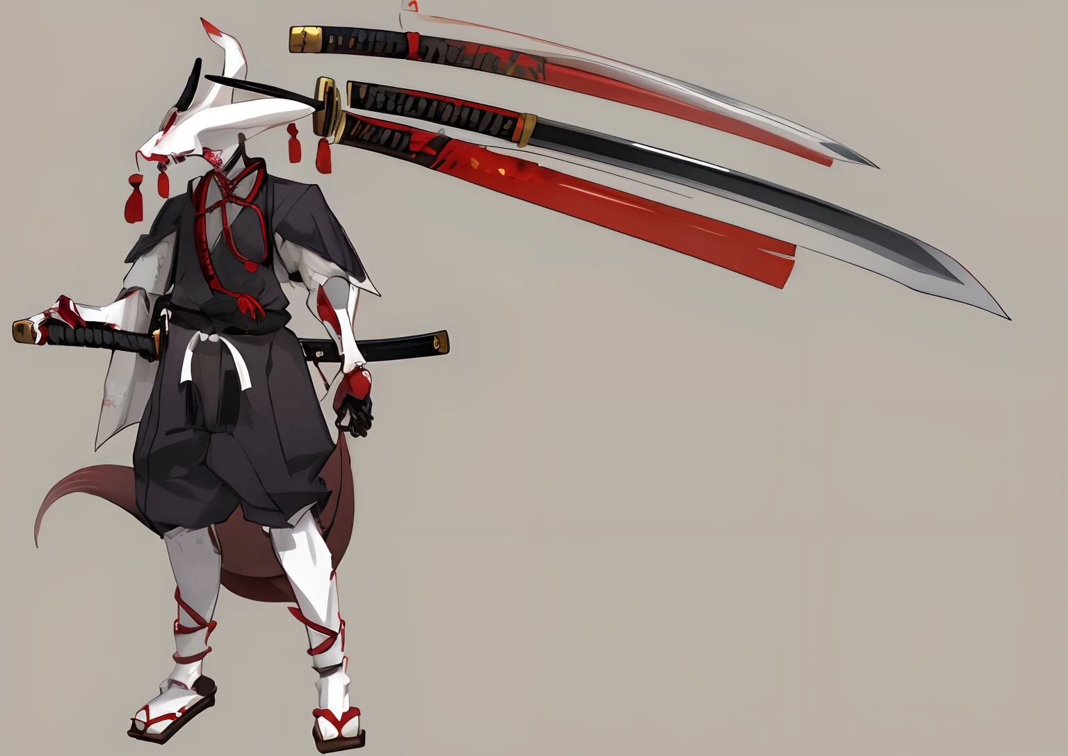 full body a man holding katana wearing japanese tradisional clothes, use head cover, his right hand was robotic, have tail and horn