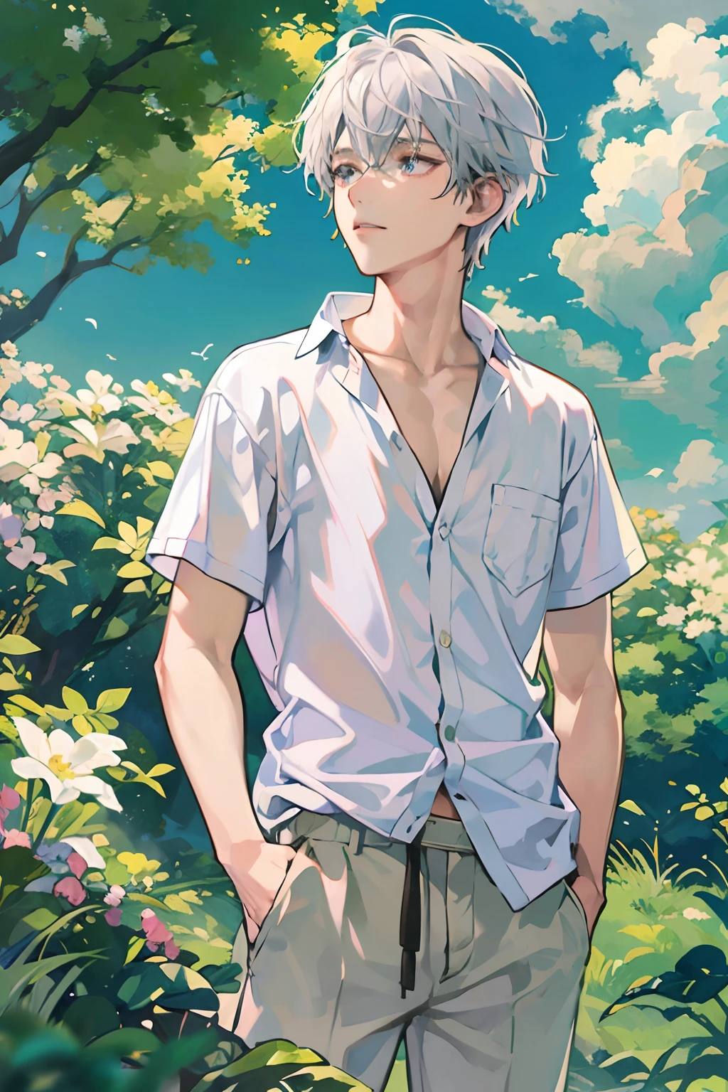 Very beautiful boy、silber hair、country scenery、White cutter shirt、half-pants、Natural lighting、Studio Ghibli、blue-sky、hight resolution、Best Quality,