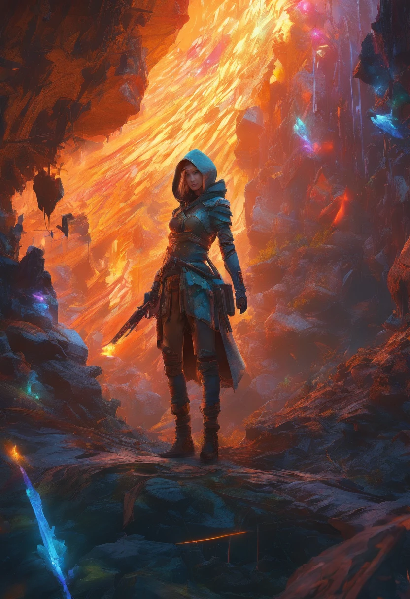 masterpiece, Rogue assassin girl, wearing a hood, blonde hair, shrouded in shadows, holding a flaming dagger in each hand, vibrant glowing abyssal colors, entirely in frame, FULL BODY, radiating electrical energy, shoulder length messy hair, Full body, Beautiful anime waifu style girl, hyperdetailed painting, luminism, art by Carne Griffiths and Wadim Kashin concept art, 8k resolution, fractal isometrics details bioluminescence , 3d render, octane render, intricately detailed , cinematic, trending on art station Isometric Centered hyper realistic cover photo awesome full color, hand drawn , gritty, realistic, intricate, hit definition , cinematic, Rough sketch, bold lines, on paper, vibrant, epic, ultra high quality model