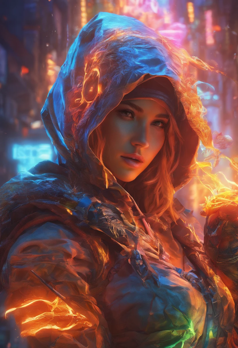 masterpiece, Rogue assassin girl, wearing a hood, blonde hair, shrouded in shadows, holding a flaming dagger in each hand, vibrant glowing abyssal colors, entirely in frame, FULL BODY, radiating electrical energy, shoulder length messy hair, Full body, Beautiful anime waifu style girl, hyperdetailed painting, luminism, art by Carne Griffiths and Wadim Kashin concept art, 8k resolution, fractal isometrics details bioluminescence , 3d render, octane render, intricately detailed , cinematic, trending on art station Isometric Centered hyper realistic cover photo awesome full color, hand drawn , gritty, realistic, intricate, hit definition , cinematic, Rough sketch, bold lines, on paper, vibrant, epic, ultra high quality model