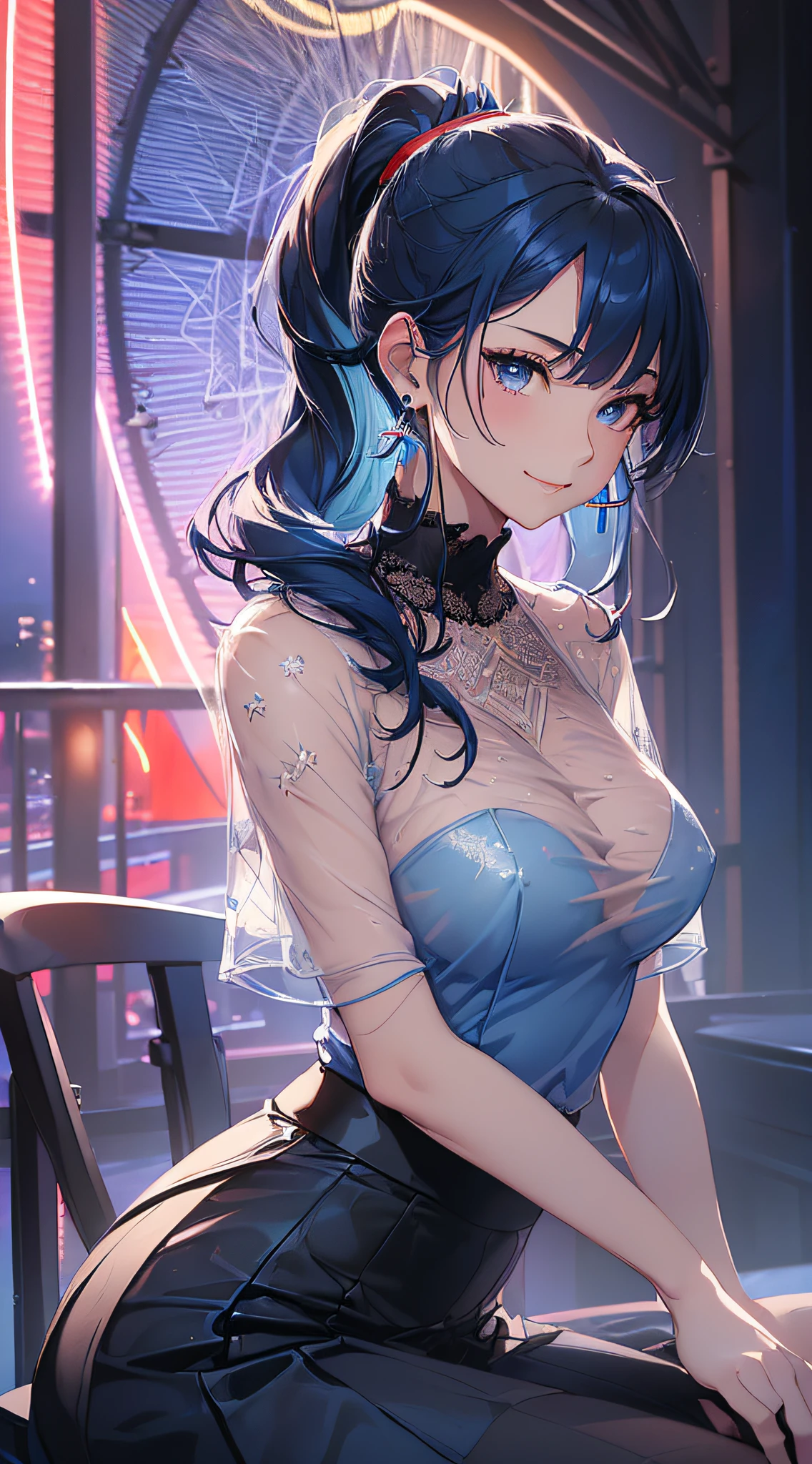 top-quality、Top image quality、masterpiece、girl with((18year old、Best Bust、Medium bust、Bust 85,Beautiful blue eyes、Breasts wide open,Black Short Sleeve T-Shirt、White see-through、Black short skirt、Ponytail with black hair、Smile Face、Beautiful blue earrings、emphasis on the buttocks、A slender、Height 175cm,Leaning forward、Blue hair mesh、sit a chair))hiquality、Beautiful Art、Background with((Red and blue lighting、beautiful night scene、Inside the Ferris wheel)),masutepiece、Elaborate design、visualart、depth of fields、The best lighting、highestdetailed、8k