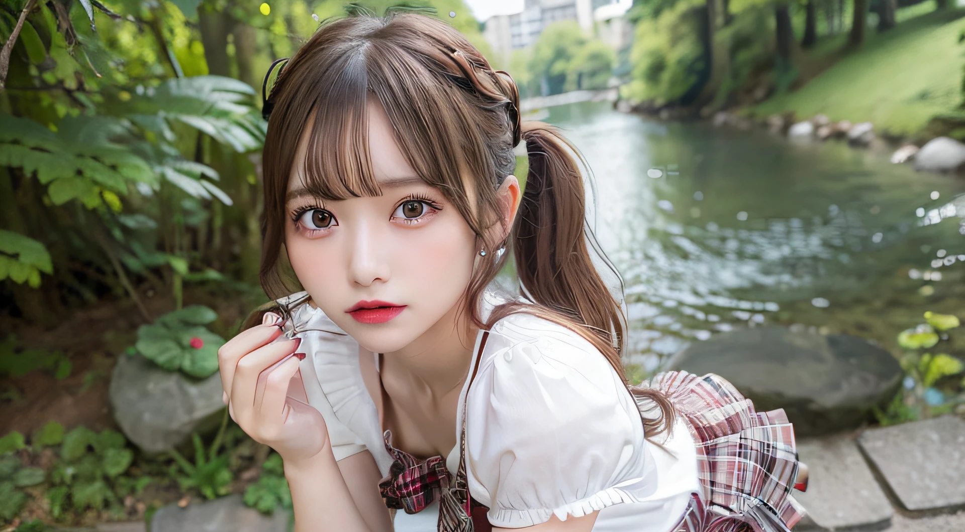 nsfw, 8K raw photo, Best quality, masterpiece, ultra high res, film grain, filmg, 1girl, looking at viewer, natural skin texture, realistic eye and face details, full lips, lipstick, (makeup), red eyeshadow, fluffy short hair, poneyTail, smile, put out the tongue, beautiful legs, tall female, skinny, slim_legs, solo, enormous breast, cleavage, Pose with buttocks facing you, ultra short skirt, ass, shirt, beautiful nature location, around flower location, (detailed background), plaid skirt, white shirt, enormous breast, cleavage, Show a little cleavage through the shirt, loafers, blurry background, blurry, holding, plaid, short sleeves, jk ribbon on the neck, jk ribbon, brown hair, bracelet, water, bangs, school uniform, jewelry, parted lips, lips, from side, pleated skirt, depth of field