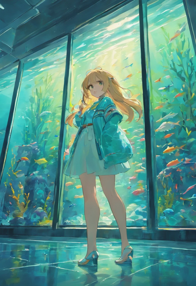 A very large aquarium,It is full of all kinds of fish,All behind glass,extremely colorful,There is a long corridor outside the glass,dimly lit,Pure scene