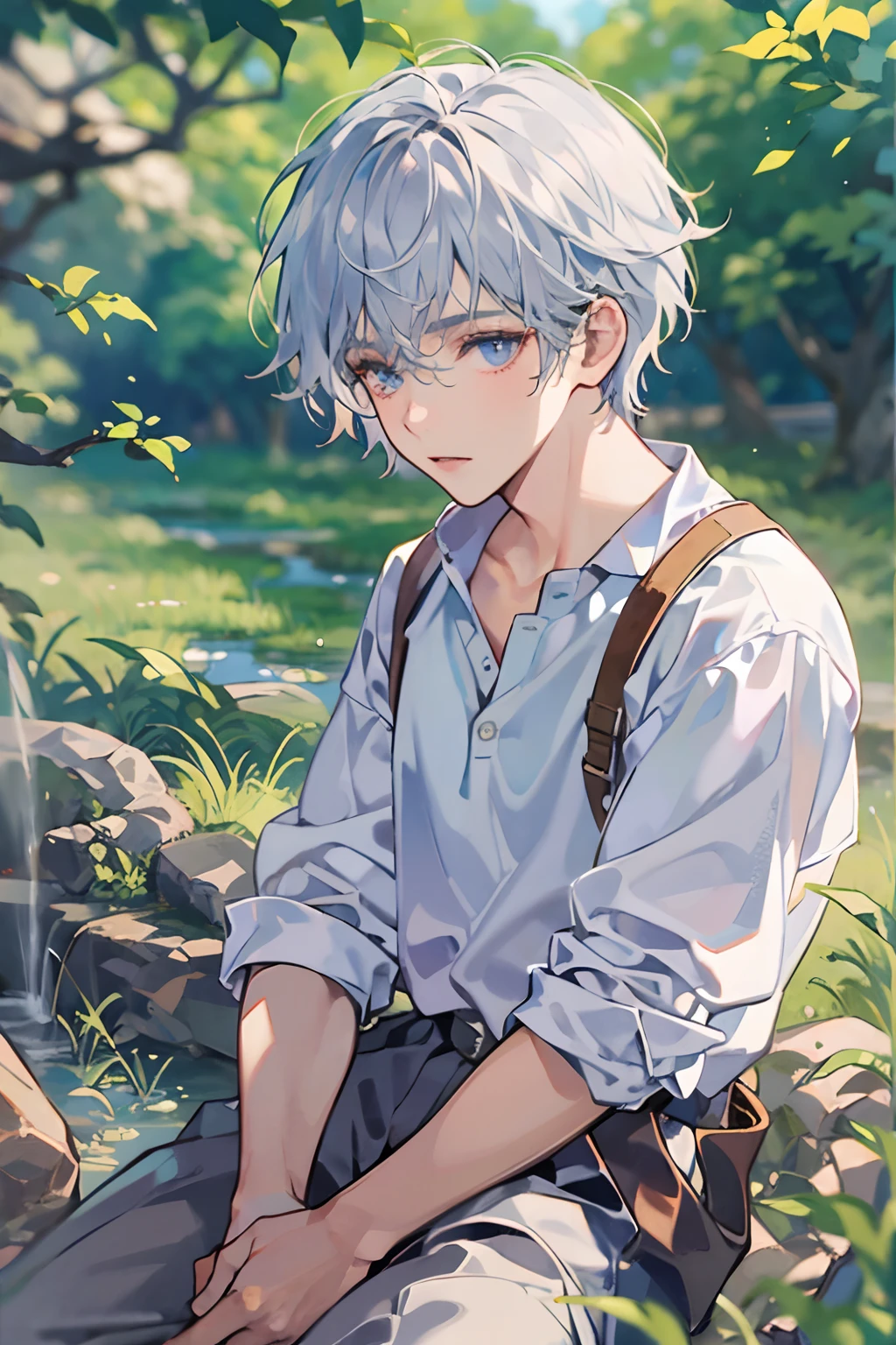 Very beautiful boy、silber hair、country scenery、White cutter shirt、half-pants、Natural lighting、Studio Ghibli、blue-sky、hight resolution、Best Quality,