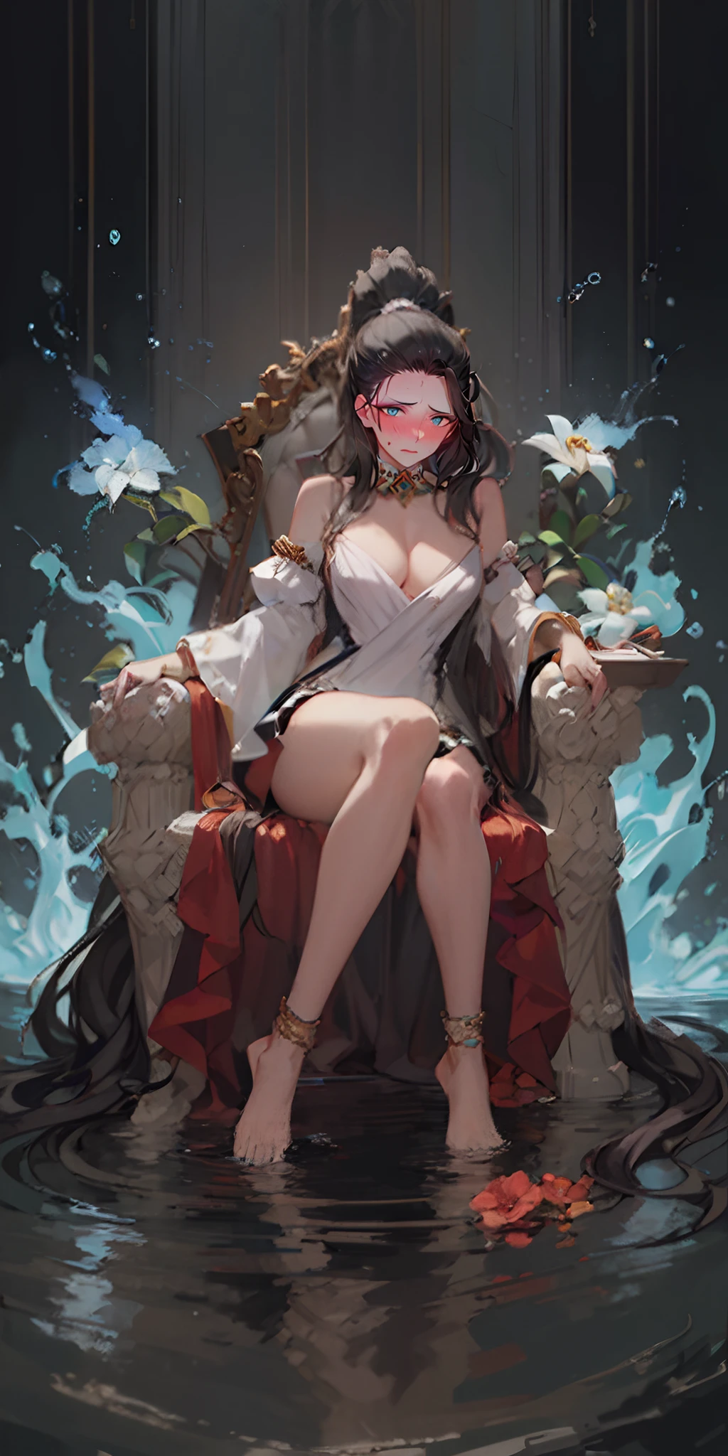 executive mishiro, (mature female:1.4), (black hair, long ponytail:1.6), embarrassed, blush face, makeup, heavy breathing, breasts, 1girl, solo, anklet, sitting, cleavage, detached_sleeves, barefoot, bare_shoulders, bracelet, water, large_breasts, looking_at_viewer, dress, magic, water, aqua theme, flower, full_body, mole, wide_sleeves, feet, medium_breasts, glow effects, godrays, Hand drawn, render, 8k, octane render, cinema 4d, blender, dark, atmospheric 4k ultra detailed, cinematic, Sharp focus, big depth of field, Masterpiece, colors, 3d octane render, 4k, concept art, trending on artstation, hyperrealistic, Vivid colors, extremely detailed CG unity 8k wallpaper, trending on CGSociety, Intricate, High Detail, dramatic,