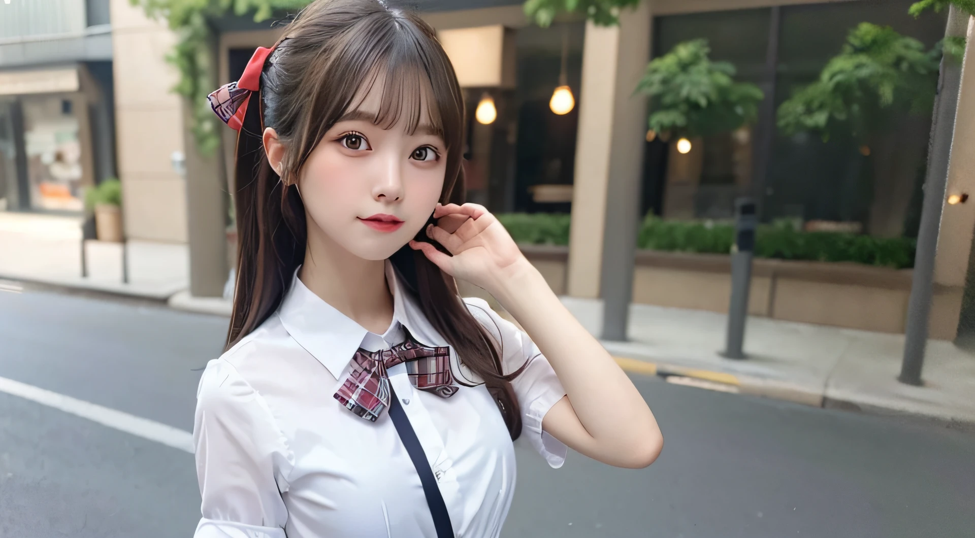 (8K、Raw photography、top-quality、masterpiece:1.2),full body Esbian,masterpiece,top-quality、超A high resolution,Raw photo,ren,Beautiful fece,shorth hair,One Person, 独奏,eye glass,,Dark look,Small breasts,fullllbody,Round glasses、cute little、A Japanese Lady,is standing,(Tight eyes,Bullish,skinny,Rasping,irate,small tits,flat breast)、(Photorealsitic:1.37)、Photon mapping,Light blue ribbon,Realistic、Cute little face,Brown-eyed、Black socks、Red bow tie、Radio City、Physically Based Rendering、Foreground、depth of fields、Blurry background、a picture,The girls、Body, Long legs, Thin leg, bob cuts,(Bangs are visible), s lips, Blue_The eye, nosesoft, Light blue shirt, Navy Blue and Blue and White F Floral Plaid Pleated Skirt, Sheer clothing,, plaid skirts, White shirt, huge-breasted, cleavage, Show a little cleavage through the shirt, lowfers, Blurry background, Blurry,Plaid, Short sleeves, JK ribbon on neck, JK Ribbon, Brown hair, Bracelet, Water, Bangs, School uniform