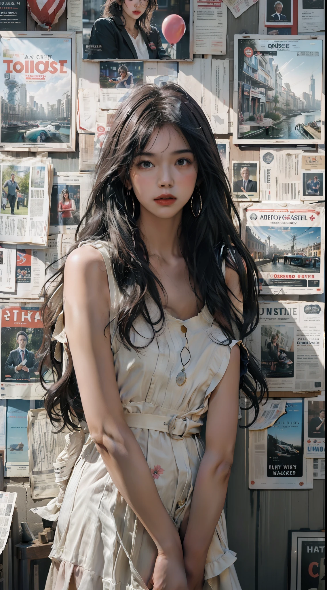 Masterpiece,Best quality,Ultra-detailed,Extremely detailed Cg Unity 8K wallpaper,1girll,White dress,flower,balloon,Newspaper,over the sea,kawa,Newspaper background,